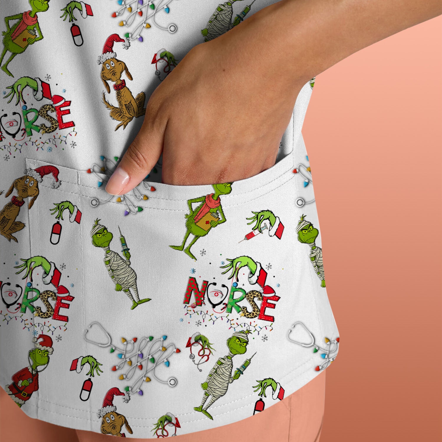 Grinch Christmas Nurse Scrub Shirt - Funny Holiday Scrub Top for Women - Multi Color Nursing Work Shirt with Pockets