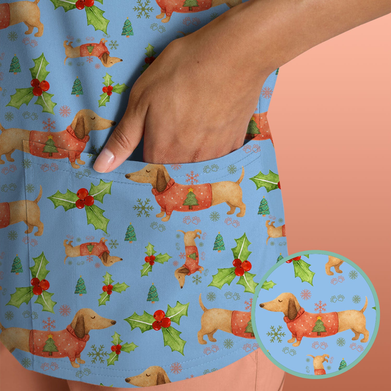 Cute Dachshund Christmas Scrub - Funny Sausage Dog Wiener Puppy Holiday Nurse Shirt - Xmas Medical Uniform Gift for RN CNA LPN