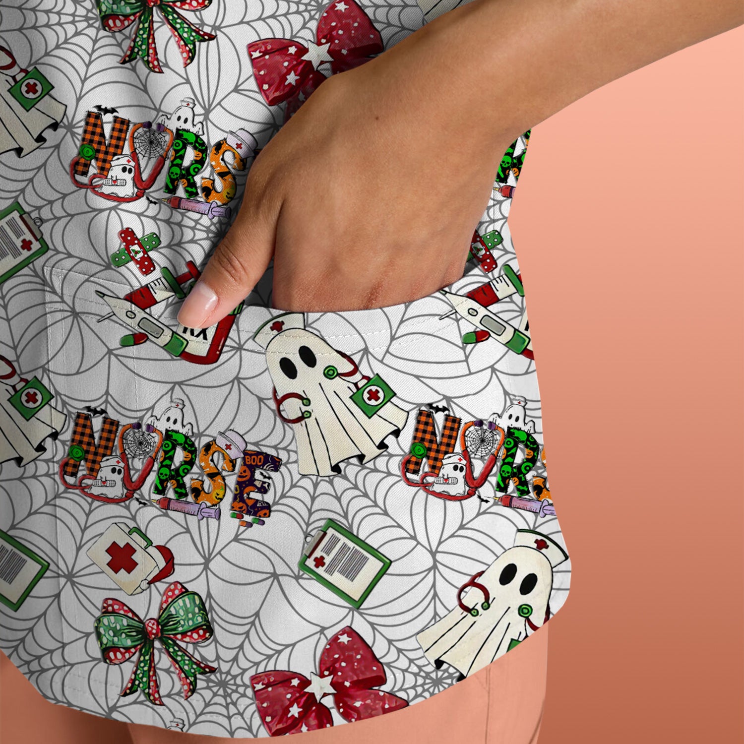 Halloween Nurse Scrub Top for Women - Cute Ghost and Spider Web Scrub Shirt Multi Color - Funny Nursing Work Shirt with Pockets