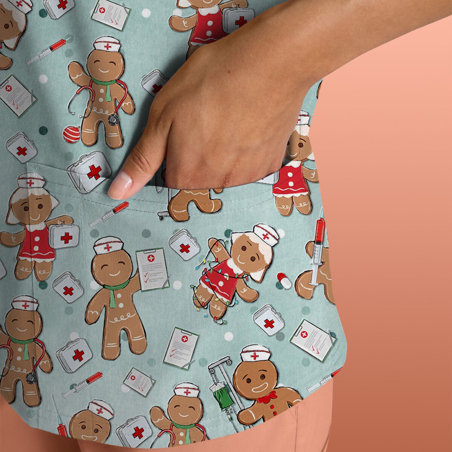 Cute Nurse Christmas Scrub Top - Funny Gingerbread Man & Medical Design - Gift for Women RN LPN & Pediatric Nurses