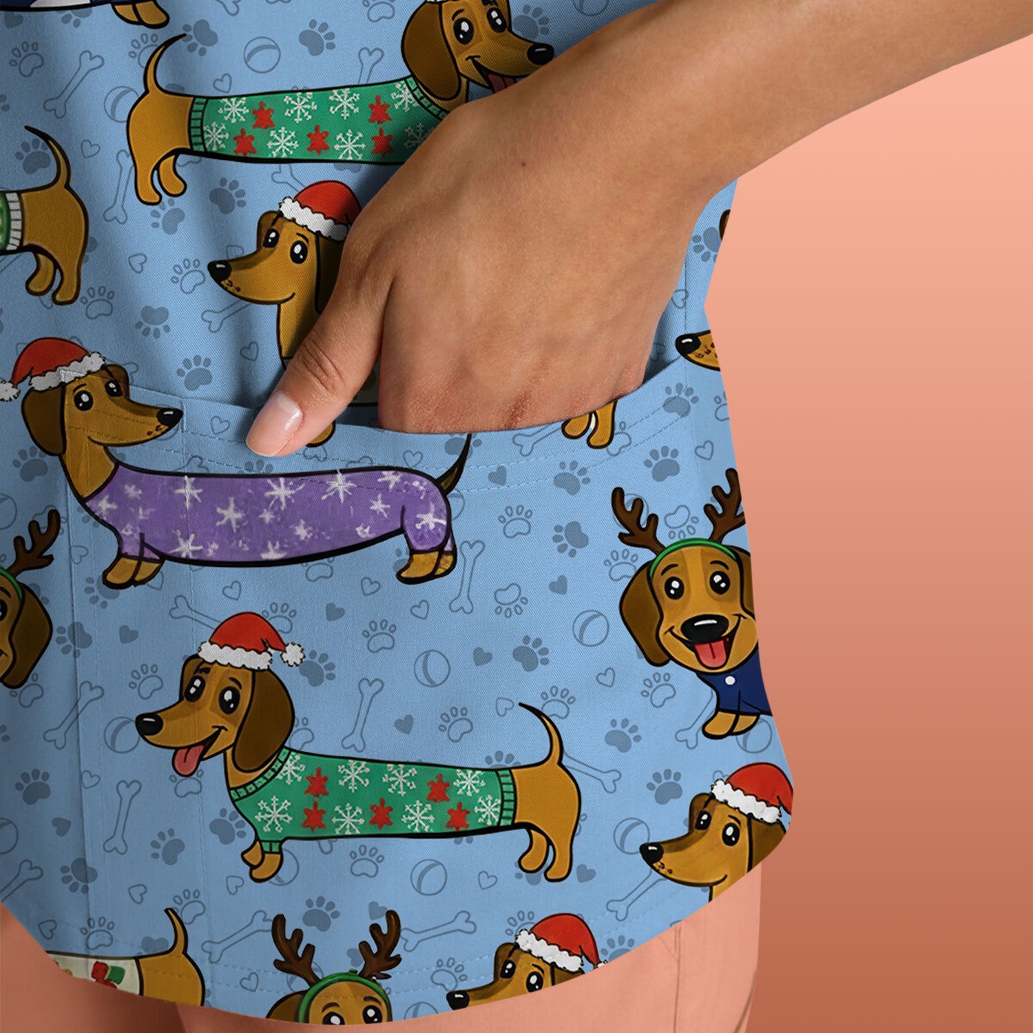 Funny Dachshund Dog Christmas Scrub Top for Nurses - Holiday Reindeer Wiener Dog Shirt - Cute Vet Tech Uniform Gift