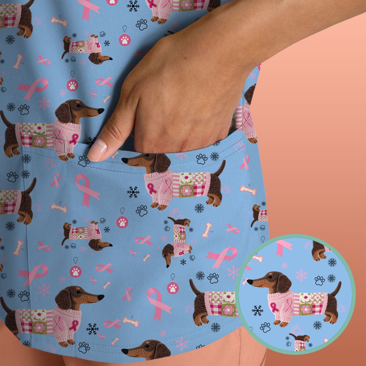 Pink Dachshund Breast Cancer Awareness Scrub Top - Puppy Dog Ribbon Nurse Shirt - Wiener Support Fight Cancer Medical Uniform Gift