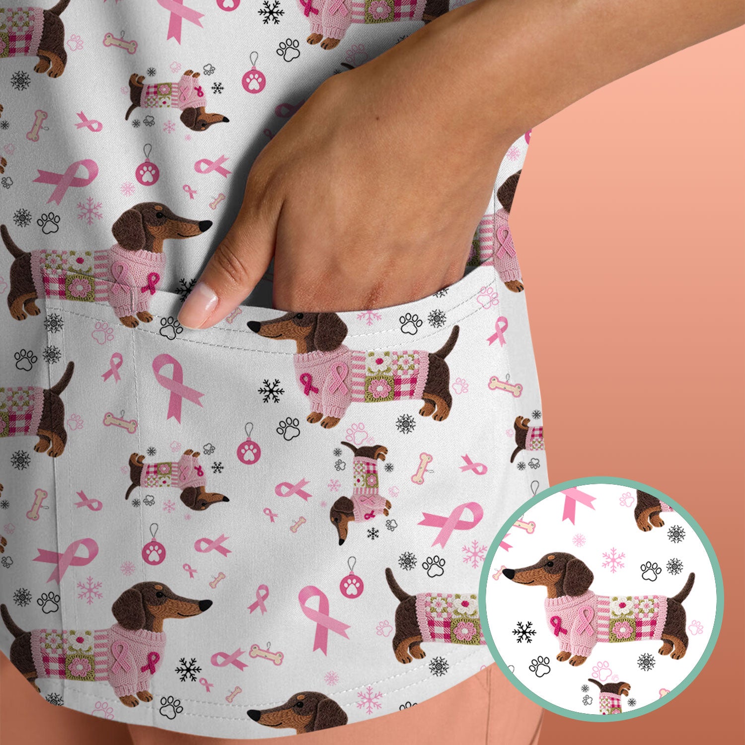Dachshund Breast Cancer Awareness Scrub - Puppy Dog Pink Ribbon Nurse Shirt - Wiener Support Fight Cancer Gift