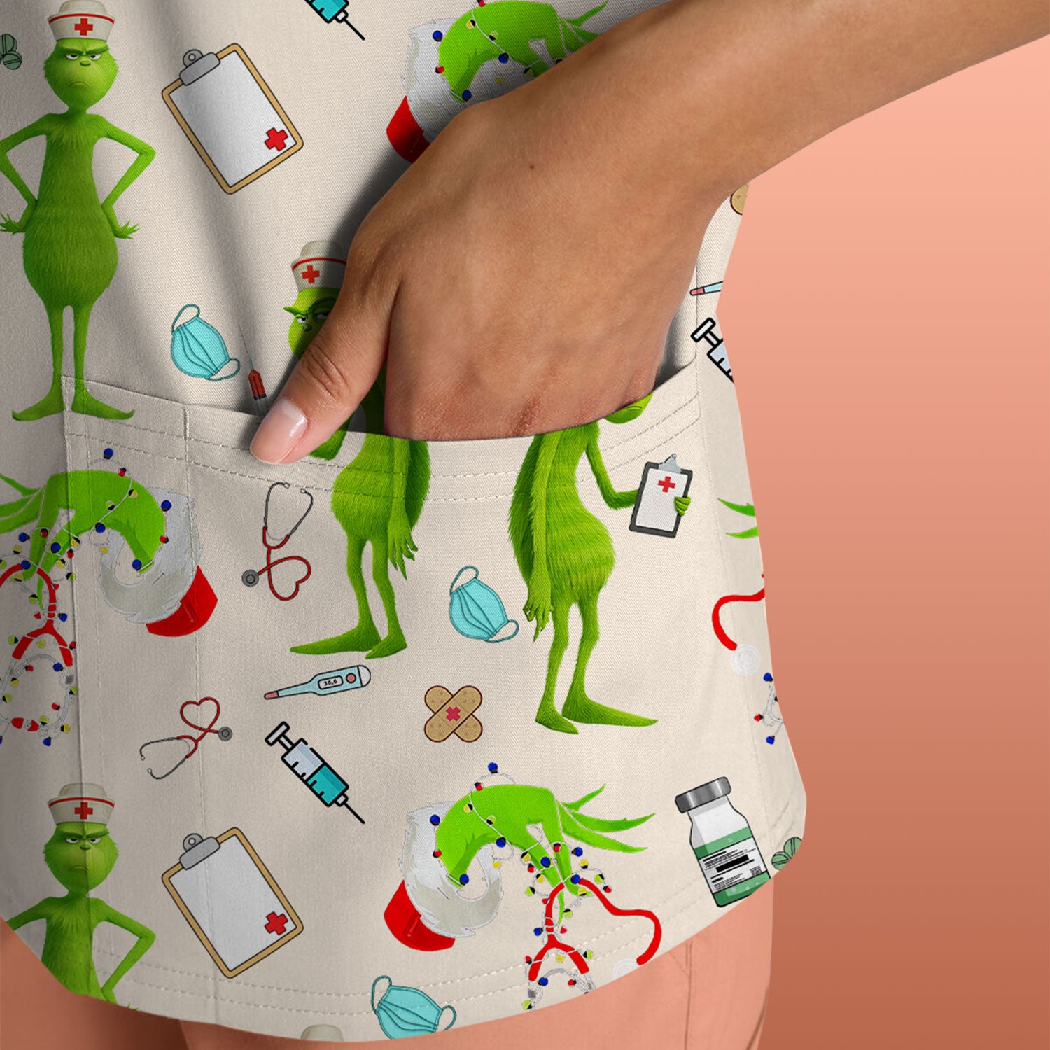 Funny Grinch Nurse Scrub Top Multi Color - Christmas Scrub Shirt for Women - Cute Holiday Nursing Work Shirt with Pockets