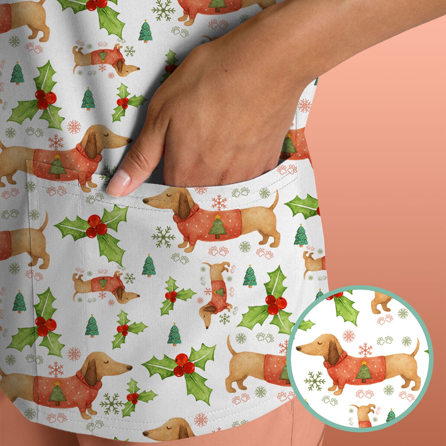 Festive Holiday Dachshund Scrub Top - Funny Sausage Dog Christmas Shirt - Wiener Puppy Lover Gift for RN CNA LPN