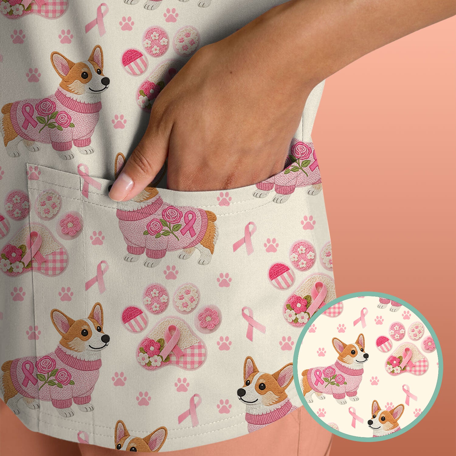 Floral Corgi Scrub Top for Women - Cute Dog Paw Print with Pink Ribbon Shirt - Breast Cancer Awareness October Gift