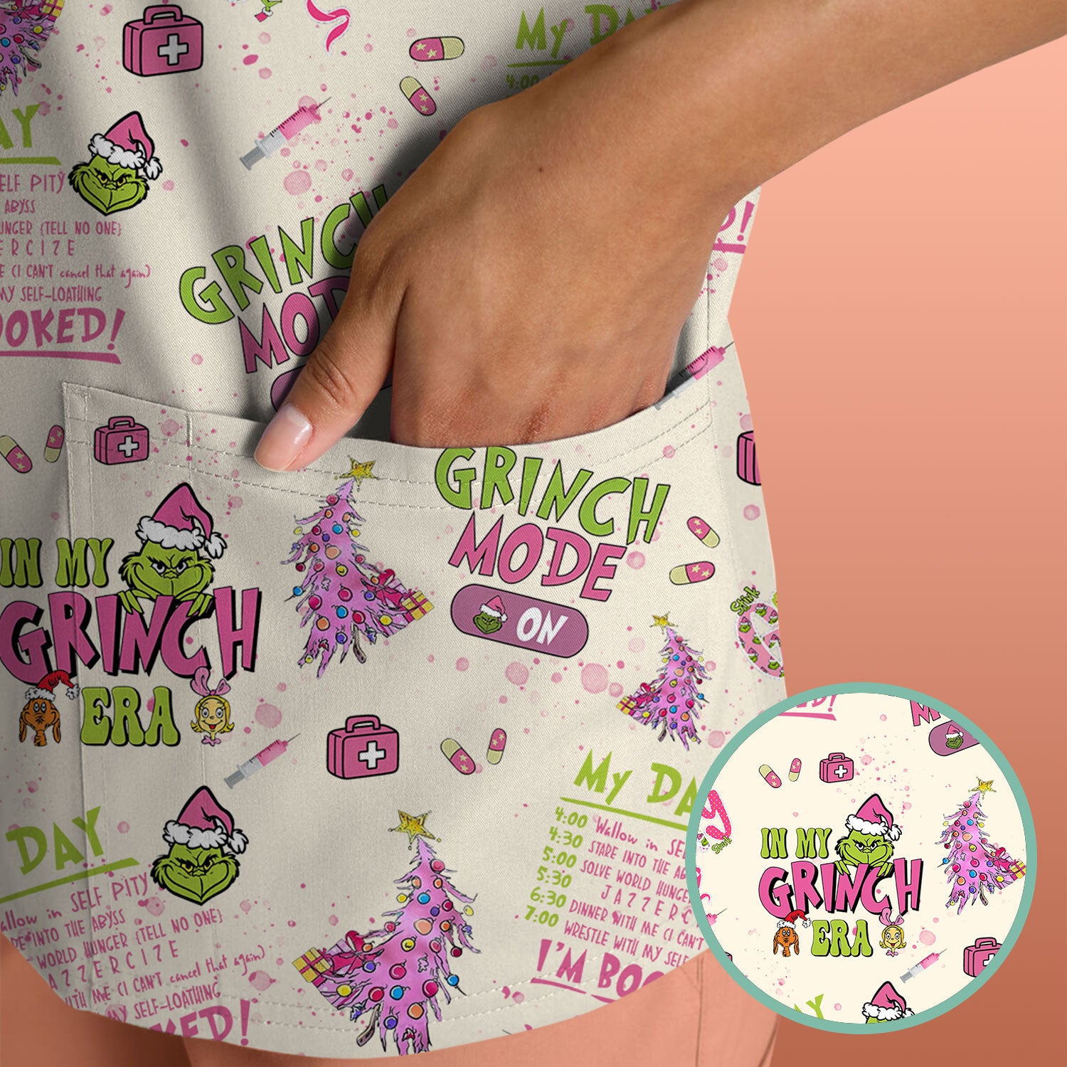 Funny Christmas Scrub Top for Women - Grinch Mode On Holiday Nurse Uniform Shirt - Pink Grinchmas Gift for RN CNA LPN