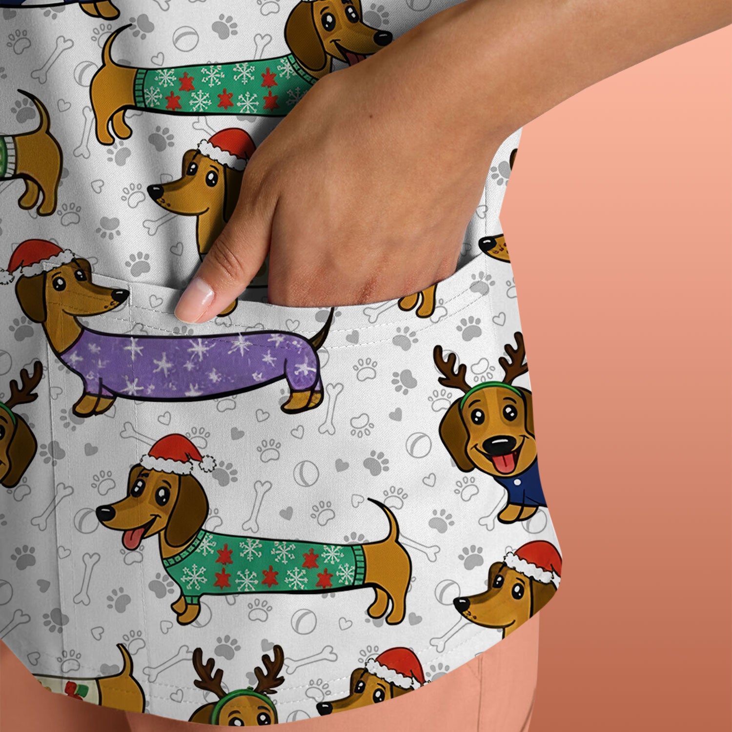 Christmas Dachshund Scrub Top for Women - Cute Dog Nursing Uniform with Pockets - Holiday Reindeer Wiener Dog Shirt - Funny Vet Tech Workwear