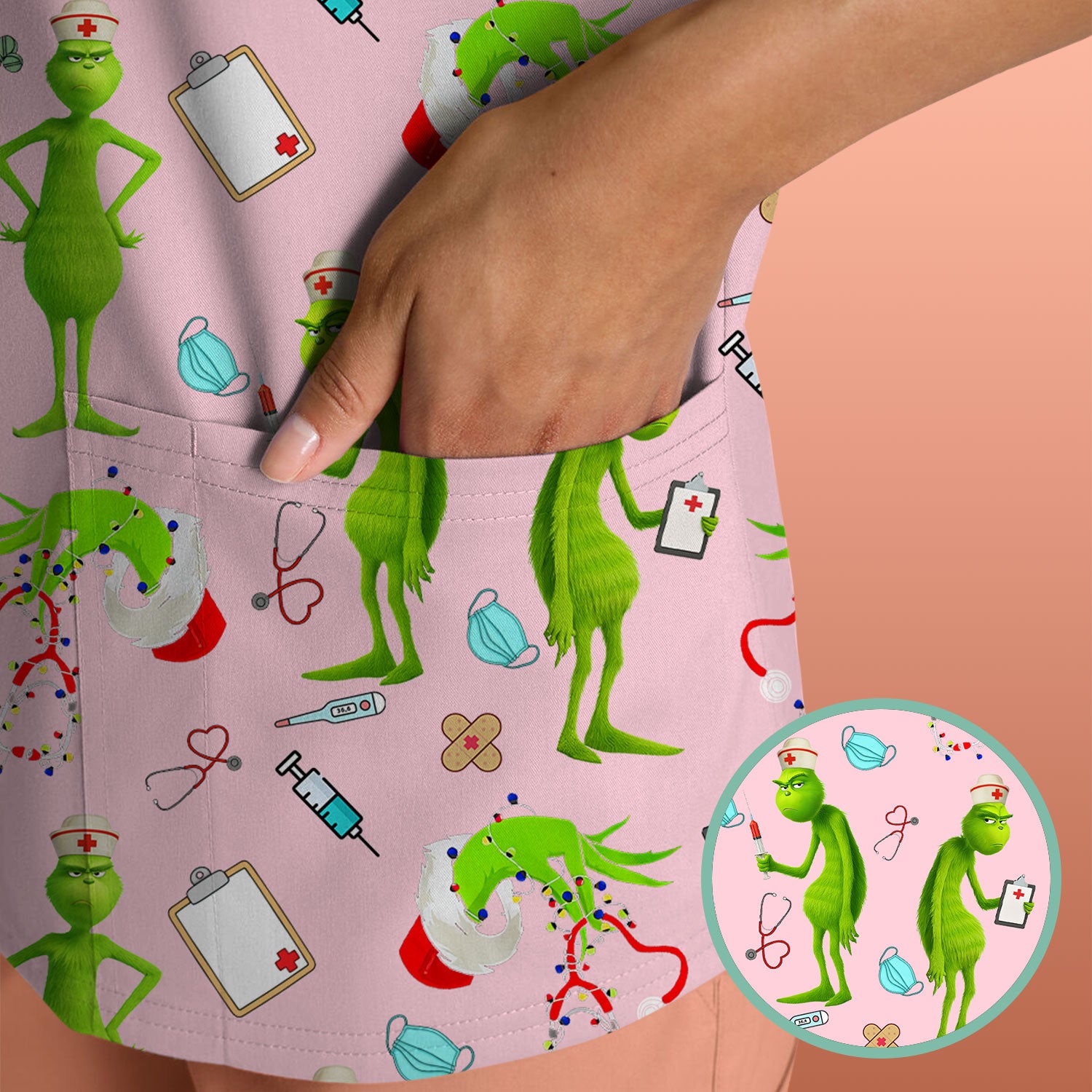 Custom Grinch Nurse Scrub Top - Funny Christmas Scrub Shirt Multi Color - Cute Holiday Nursing Workwear with Pockets