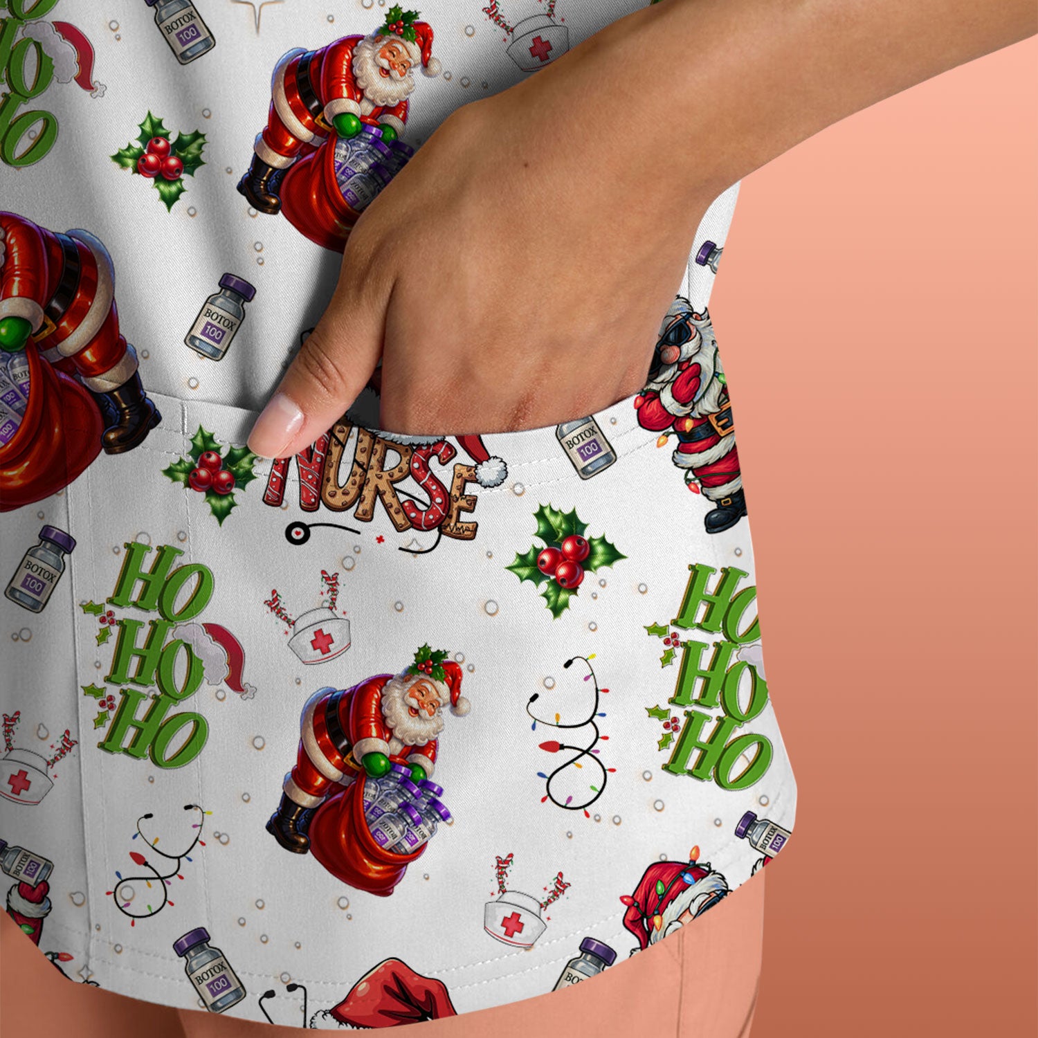 Christmas Nurse Scrub Top Multi Color - Funny Santa Claus Scrub Shirt for Women - Cute Holiday Nursing Work Shirt with Pockets