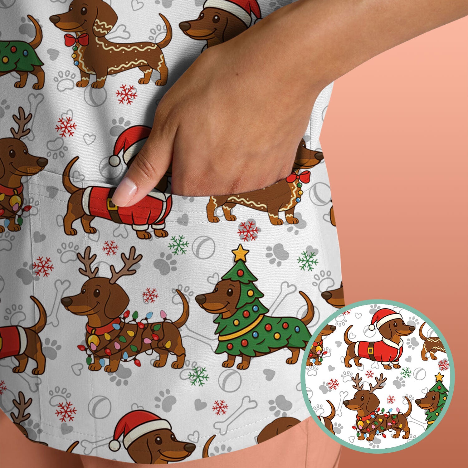 Holiday Dachshund Christmas Scrub Top - Funny Wiener Sausage Dog Nurse Shirt - Adorable Dog Lover Gift for RN CNA LPN