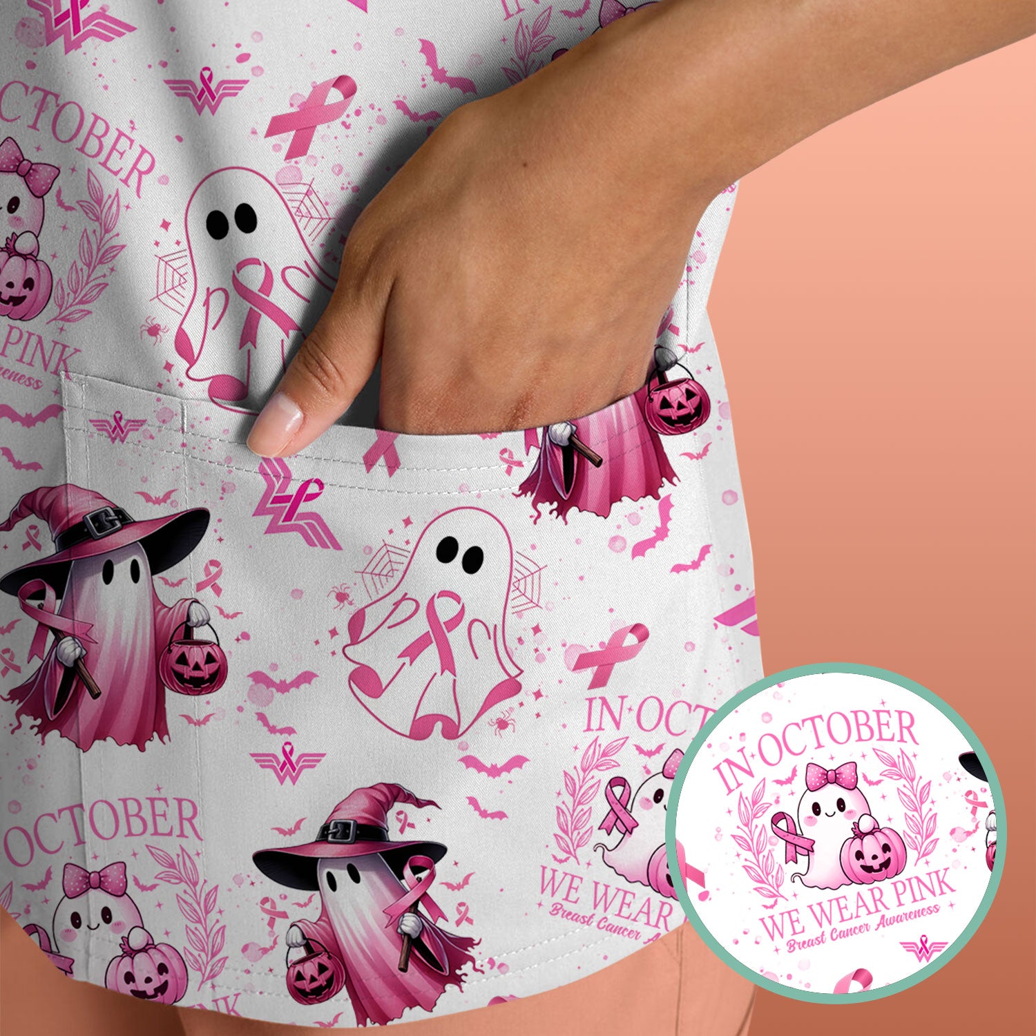 Pink Halloween Scrub Top for Nurses - In October We Wear Pink Breast Cancer Awareness Shirt - Cute Ghost Witch Gift for RN CNA LPN