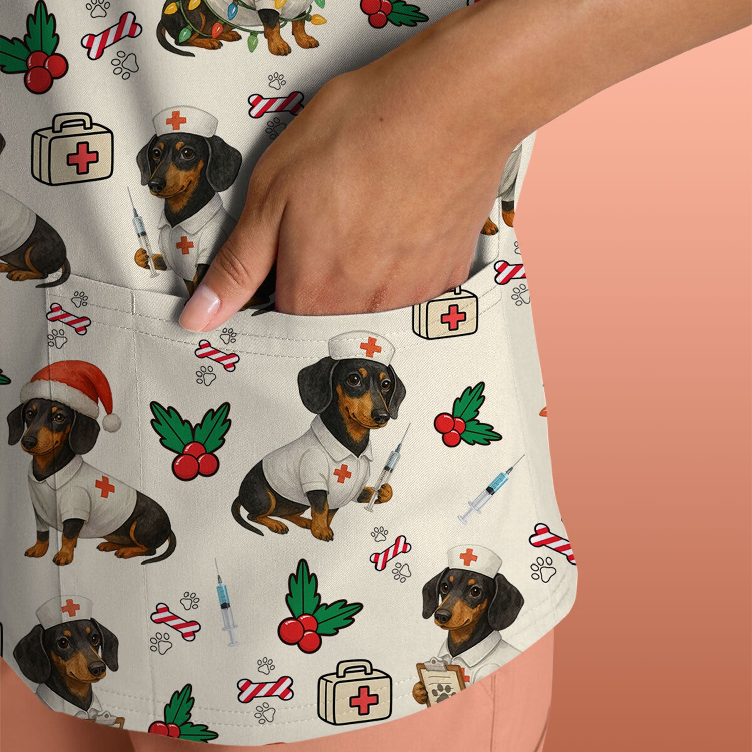 Christmas Dachshund Nurse Scrub Top - Funny Dachshund Dog Scrub Shirt Multi Color - Cute Holiday Nursing Work Shirt for Women