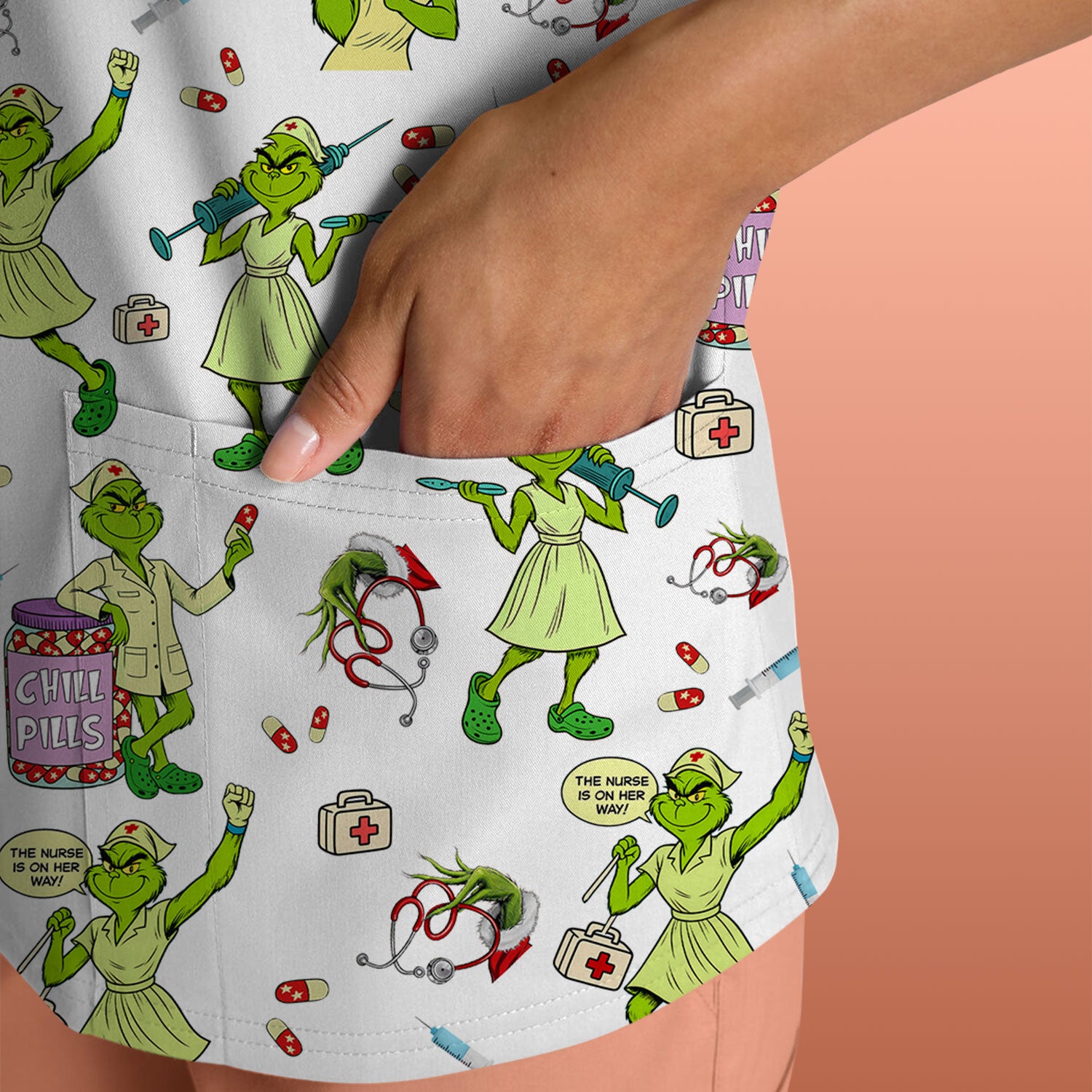 Grinch Nurse Scrub Shirt Multi Colors - Funny Chill Pills Scrub Top - Christmas Nursing Work Shirt with Pockets for Women