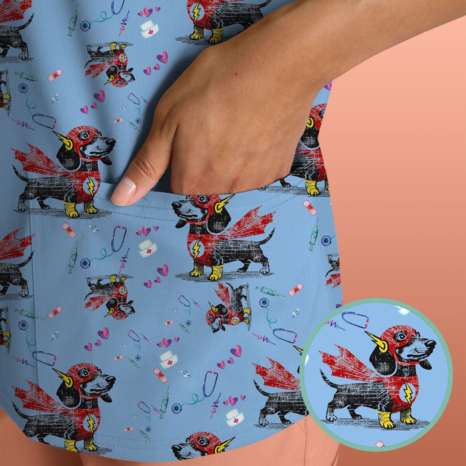 Dachshund Hero Scrub Top for Nurses - Super Nurse Funny Flash Dog Print Medical Uniform Shirt - Cute Sausage Dog Gift for RN CNA LPN