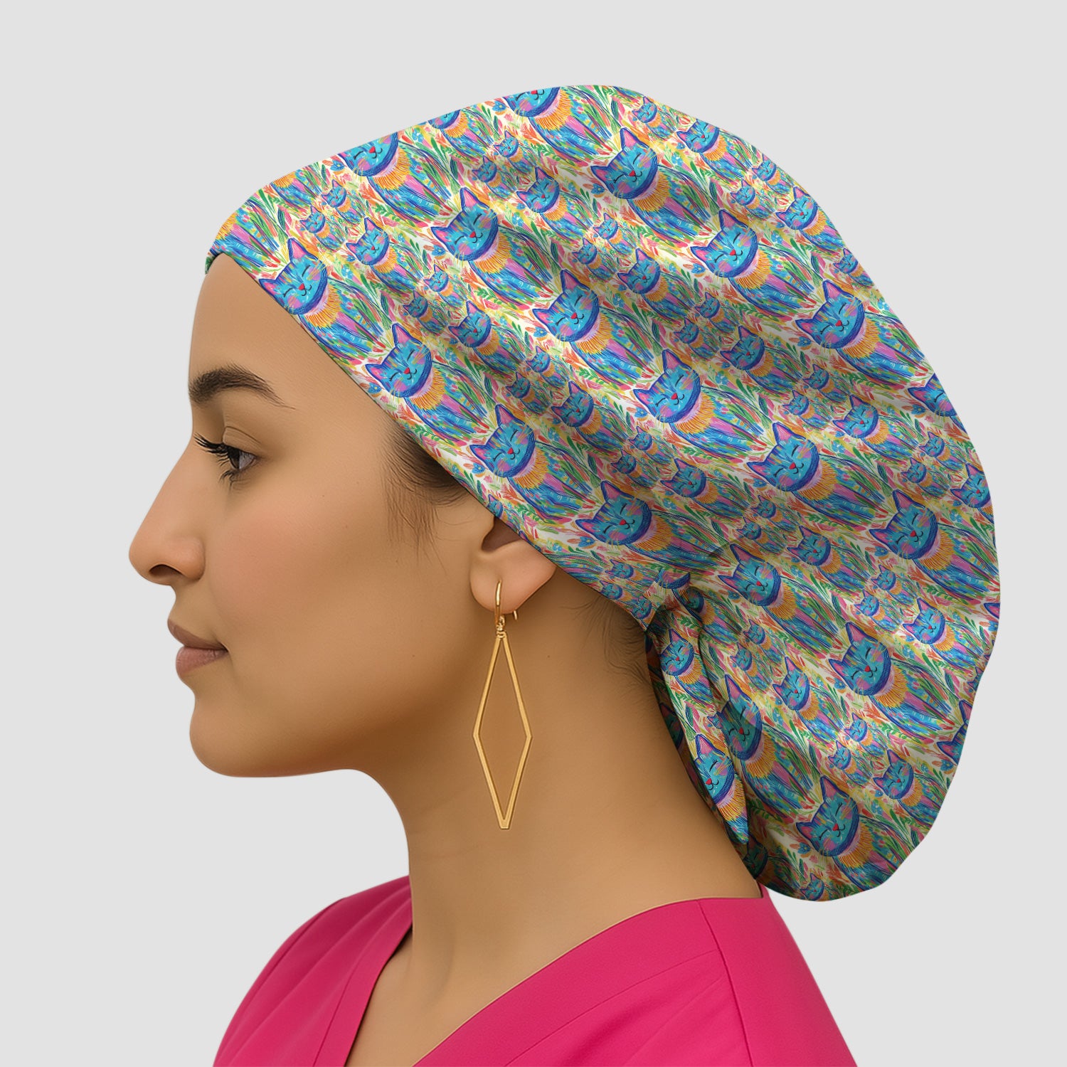 Colorful Rainbow Cat With Floral Brushstroke Scrub Cap, Surgical Caps for Doctors