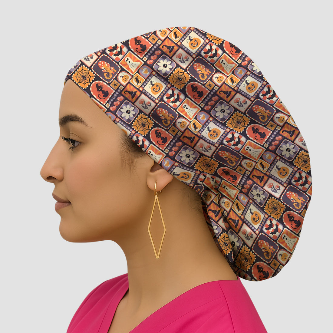 Retro Halloween Patchwork Icons Scrub Cap, Surgical Caps for Doctors