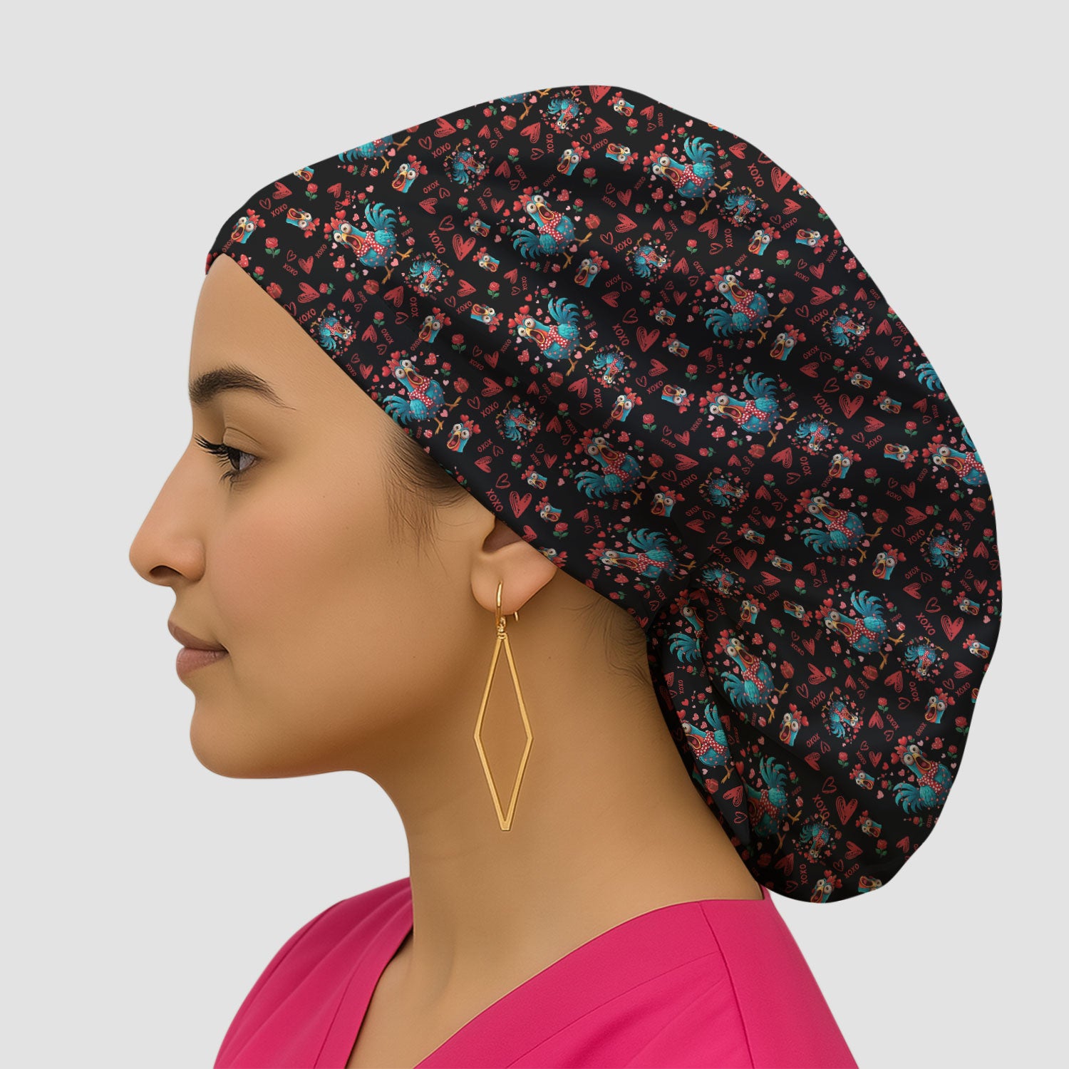 Funny Rooster Valentine Scrub Cap, Cute Chicken XOXO Heart Pattern Nurse Hat, Breathable Fabrics Nursing Uniform