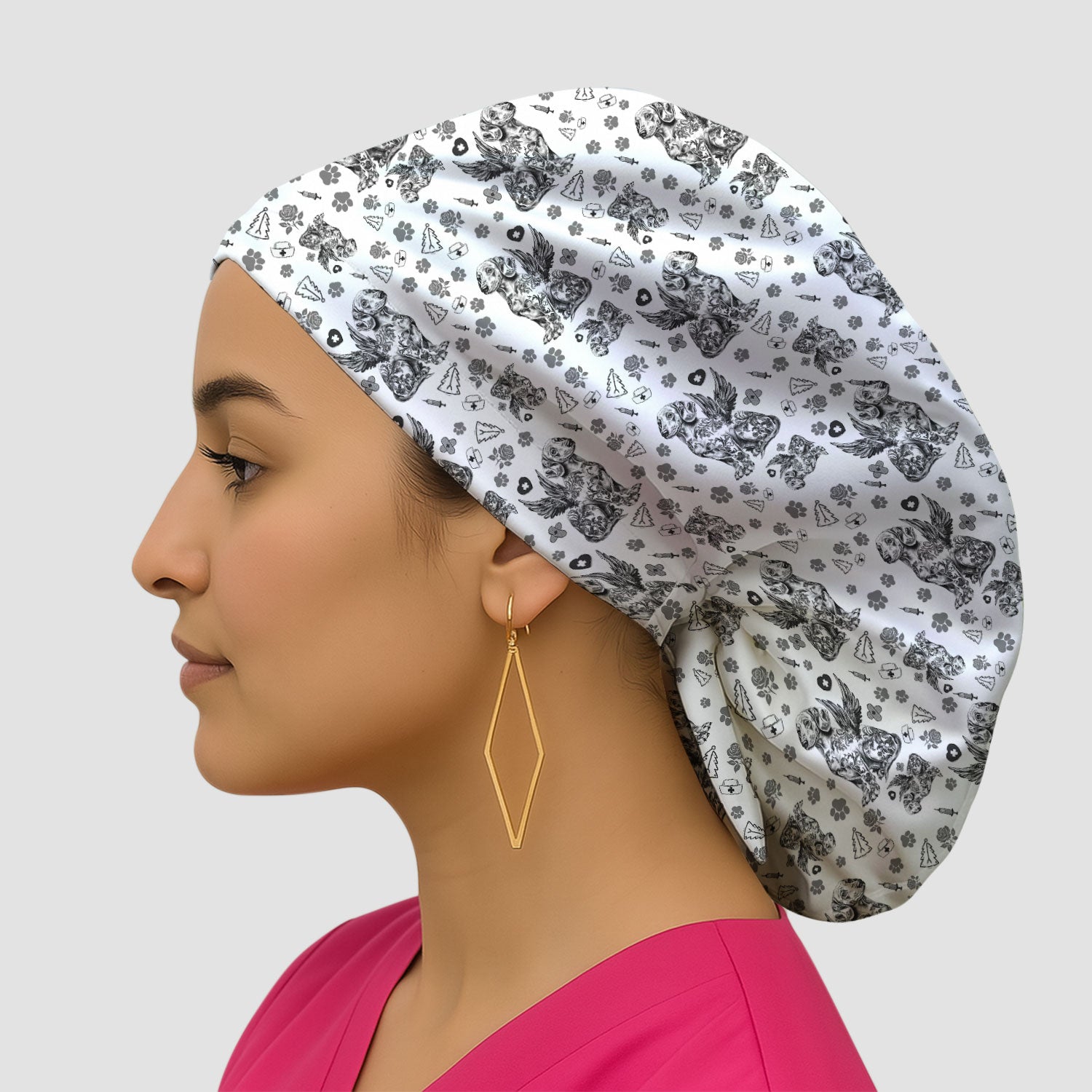 Dachshund Angel Bouffant Scrub Caps for Women - Toile de Jouy Surgical Caps for Doctors - Puppy Lover Gift for Her