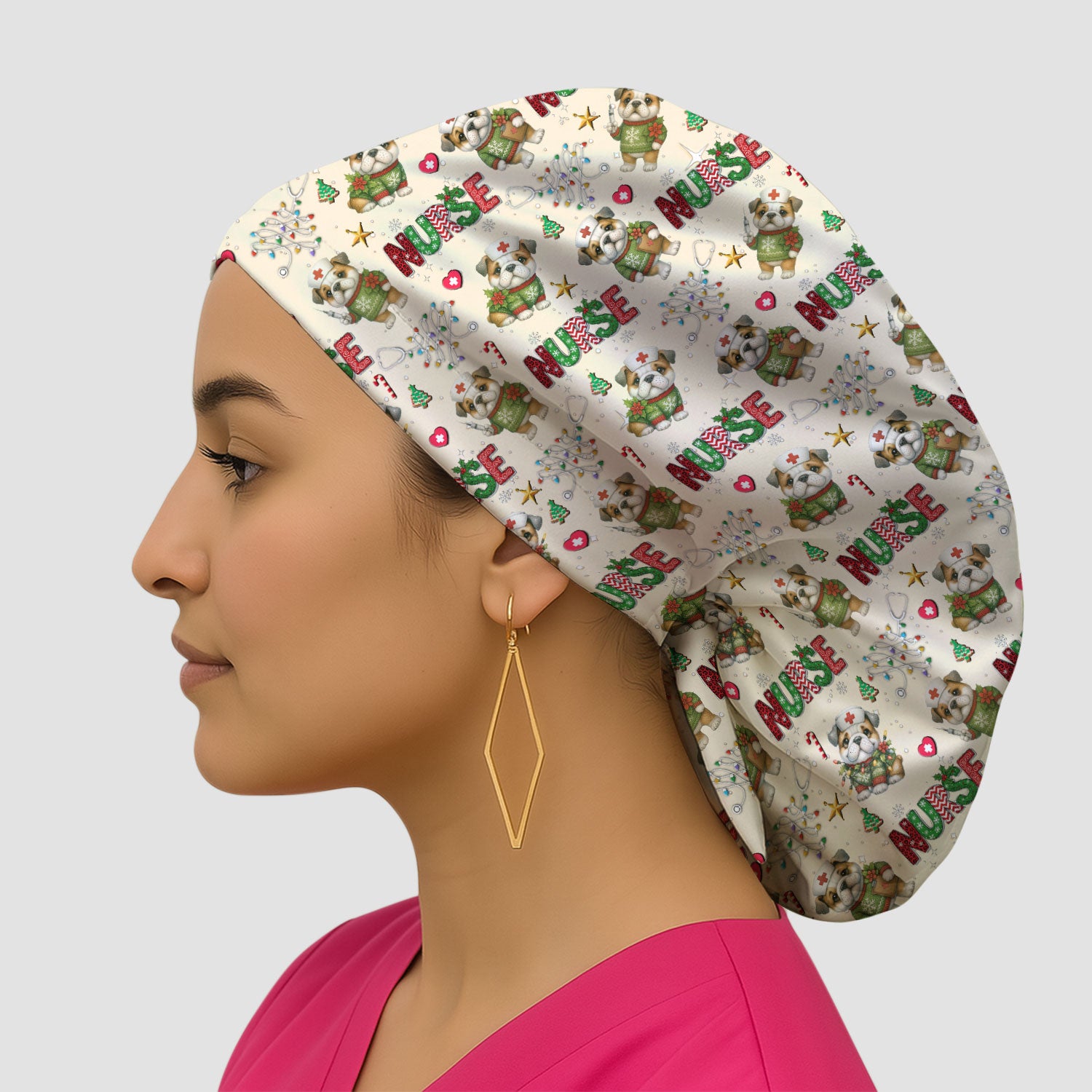Bulldog Bouffant Scrub Caps for Women - Puppy Lover Gift - Breathable Fabrics Caps Uniform
