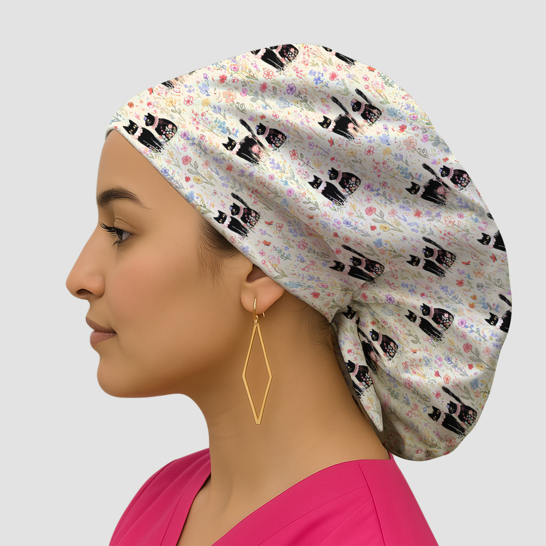 Cute Black Cats Wildflower Garden Pattern Nurse Scrub Cap, Surgical Caps for Doctors