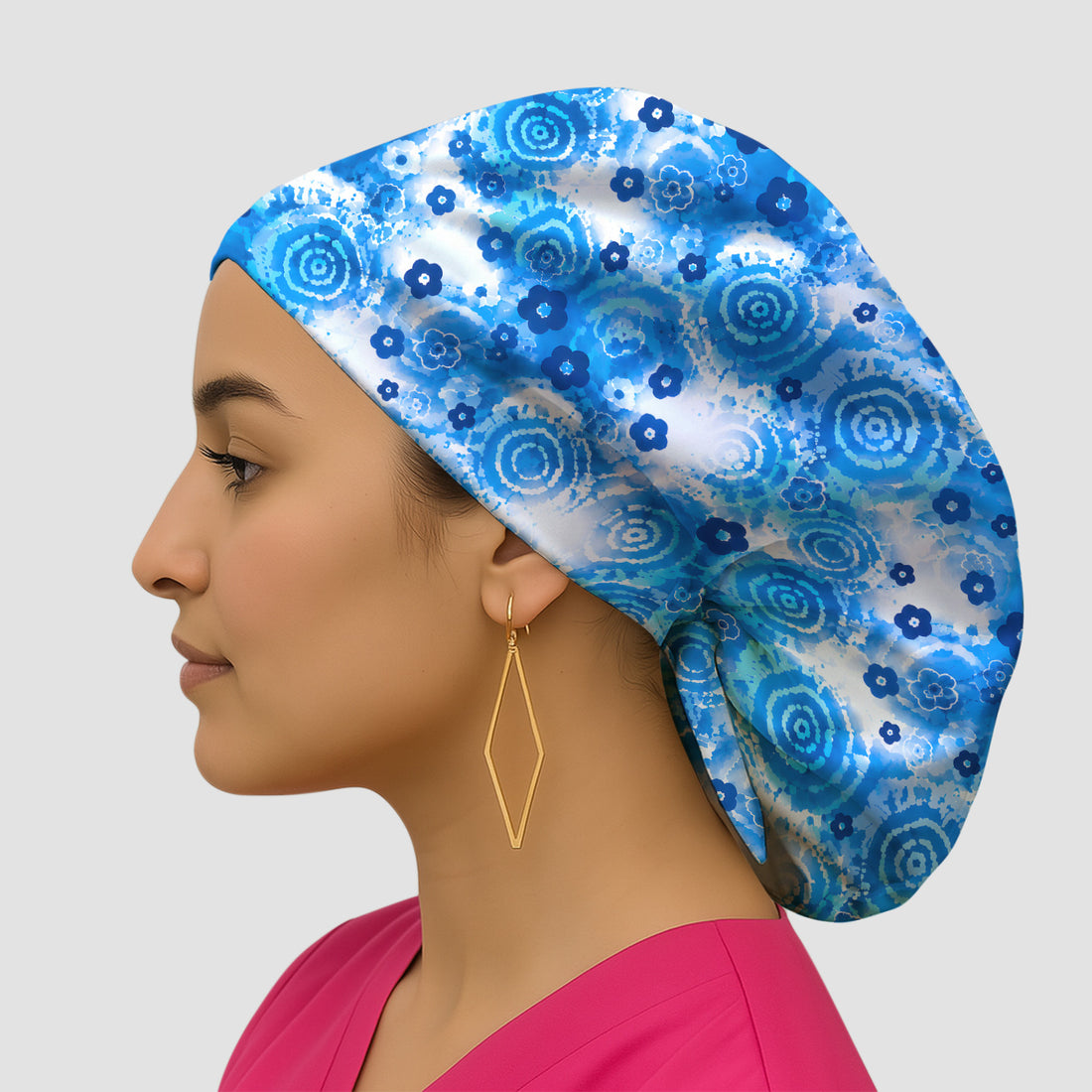 Blue Floral Spiral Nurse Pattern Scrub Top, Breathable Fabrics Nursing Uniform Scrub Cap, Surgical Caps for Doctors