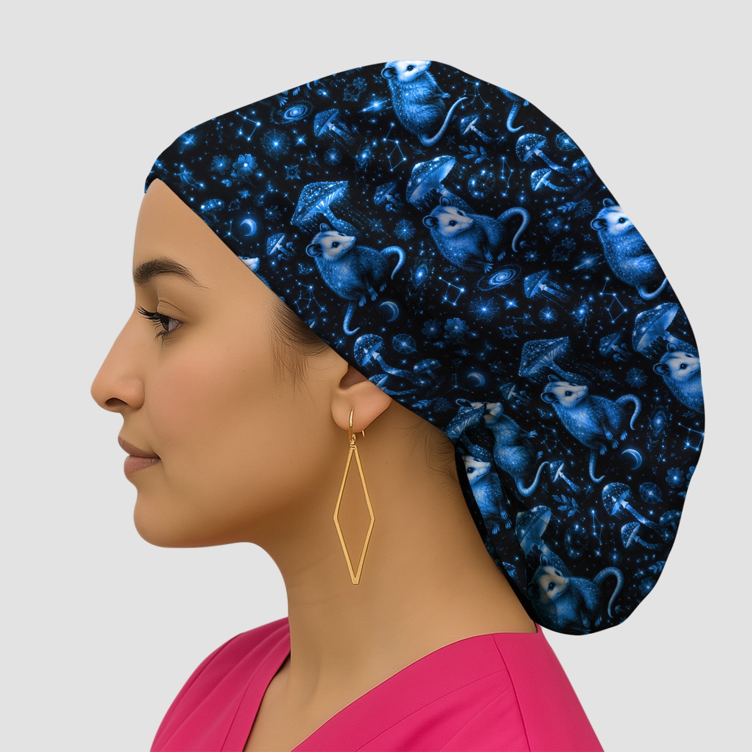 Celestial Blue Opossum With Mushroom Pattern Scrub Cap, Surgical Caps for Doctors