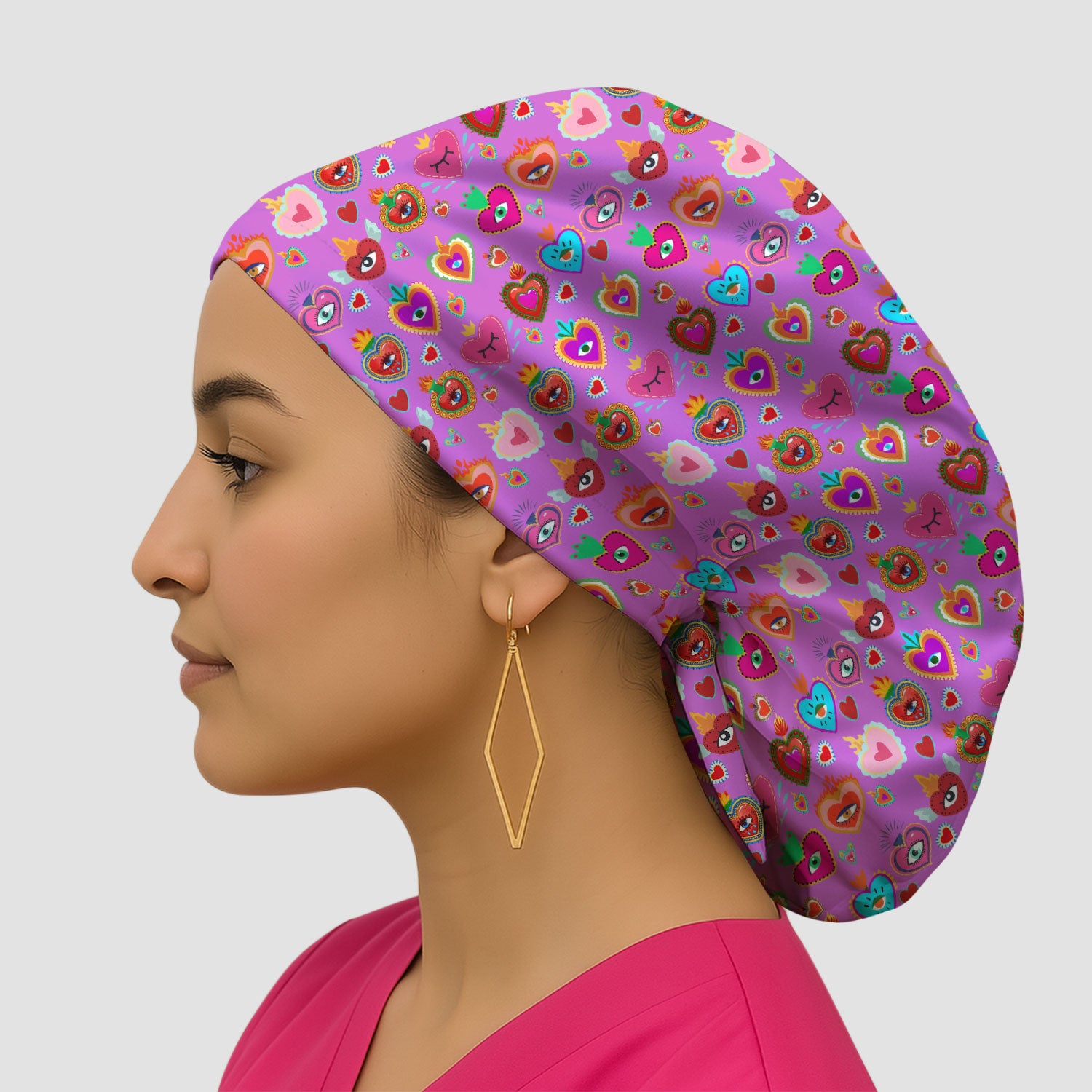 Valentine Colorful Sacred Heart Print Cap, Bouffant Scrub Caps for Women
