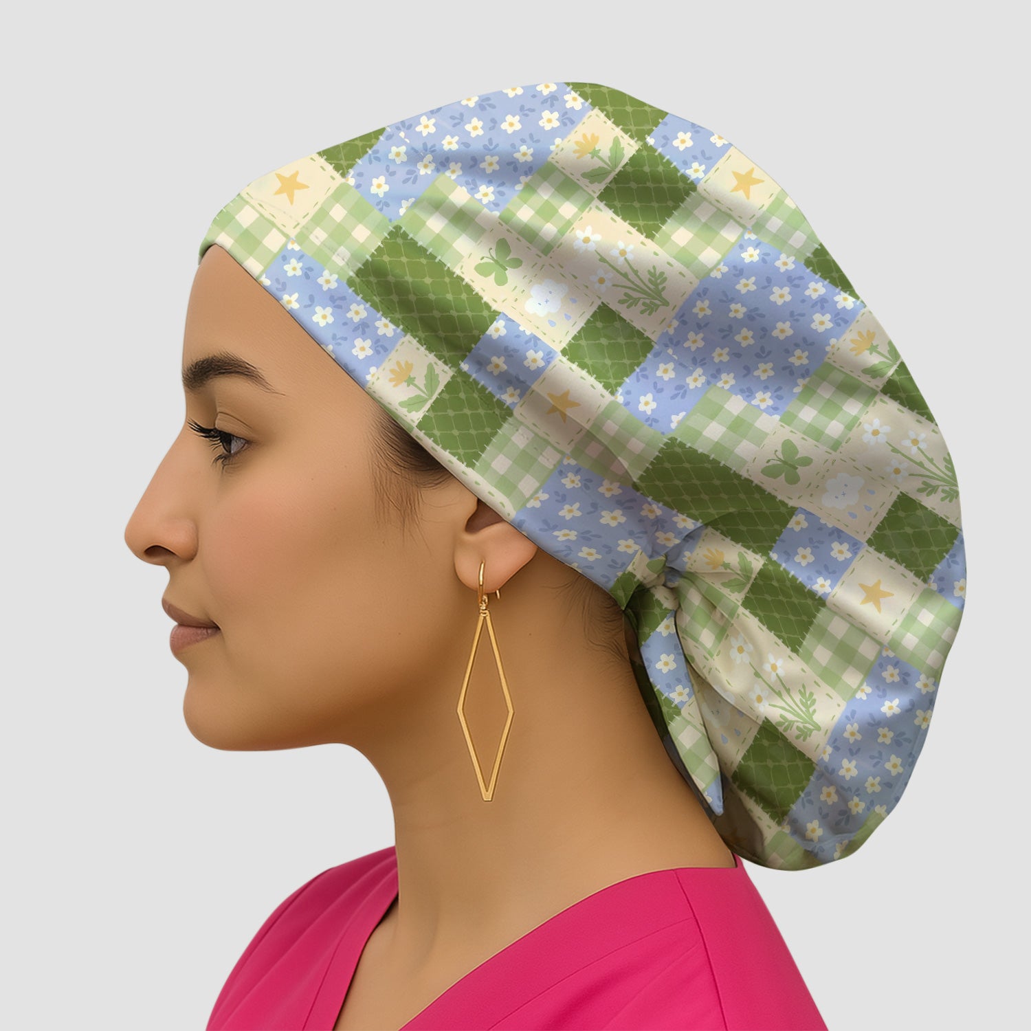 Green Patchwork Clover Floral Pattern Scrub Cap, Breathable Fabrics Caps Uniform
