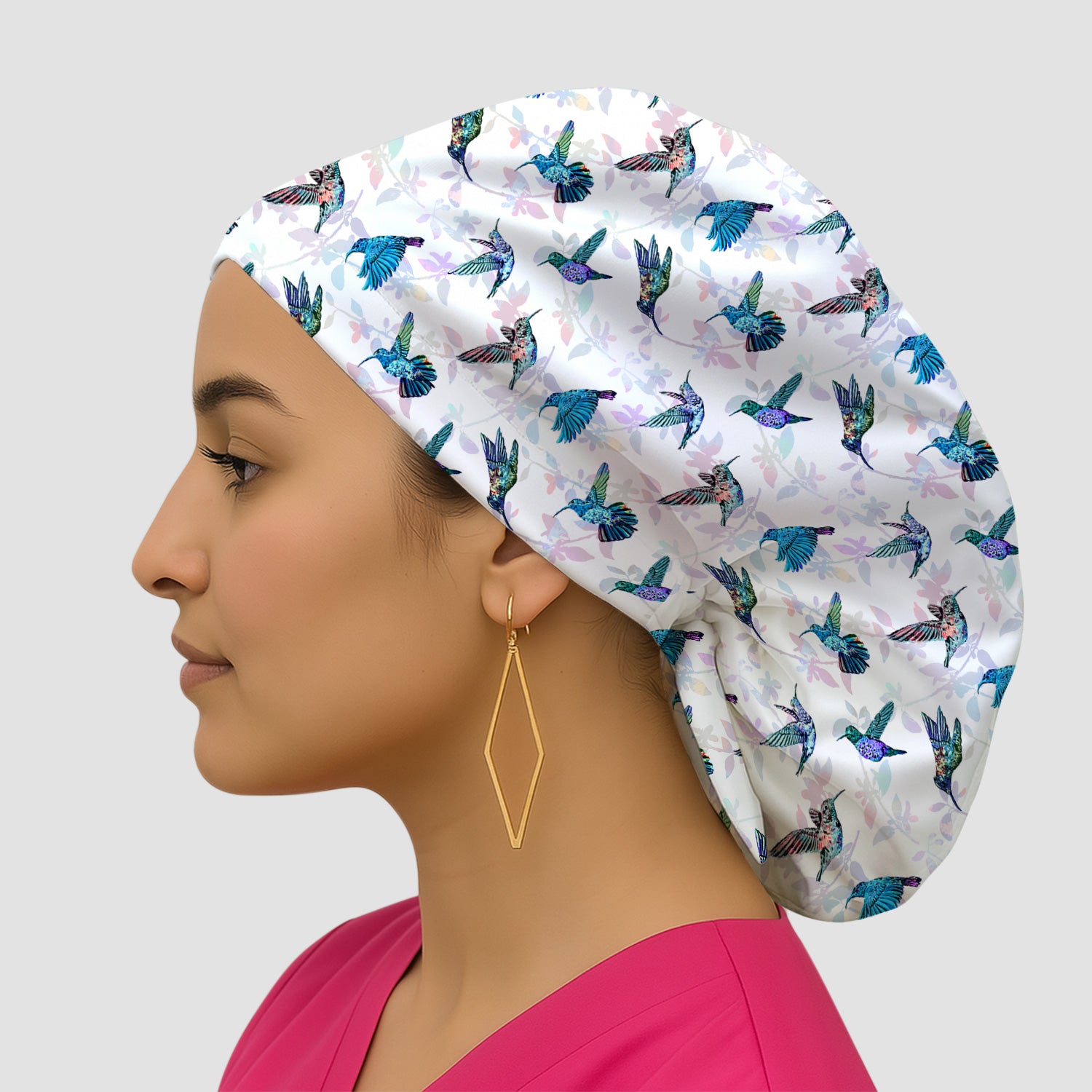Cute Hummingbird Floral Scrub Cap - Colorful Flying Birds & Floral Design - Gift for RN LPN CNA