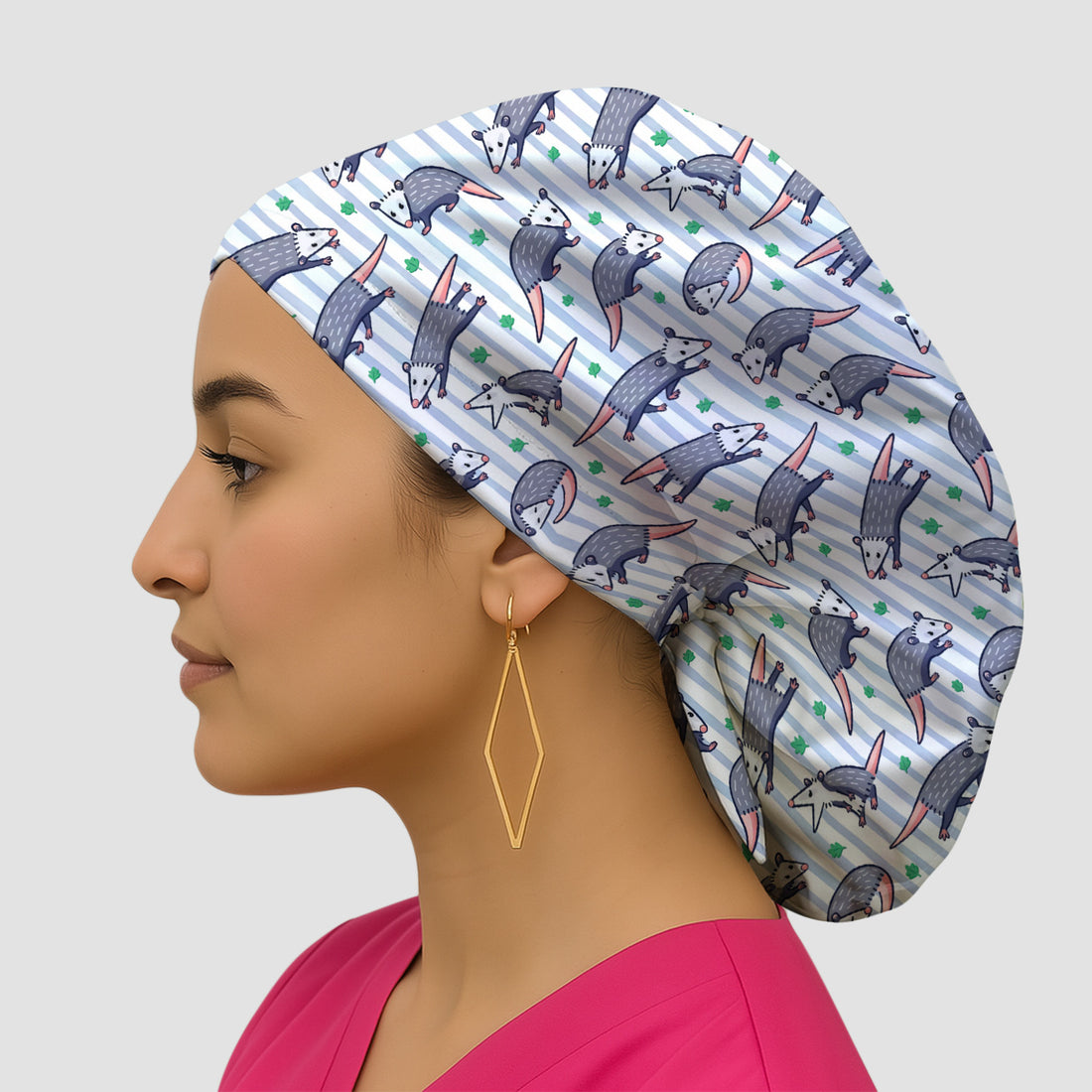 Cute Opossum Blue Stripe Pattern Pattern Scrub Cap, Breathable Fabrics Caps Uniform
