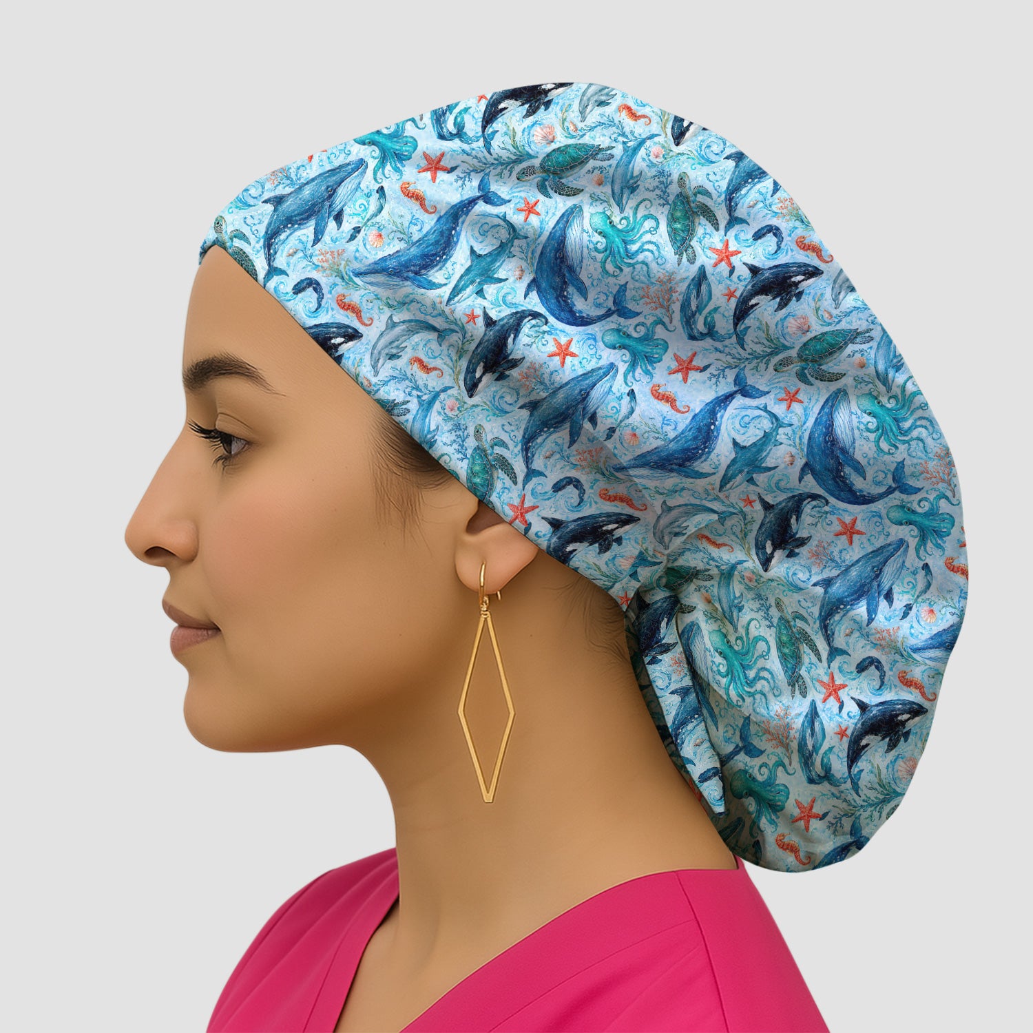 Watercolor Ocean Wildlife Scene Pattern Scrub Cap, Surgical Caps for Doctors