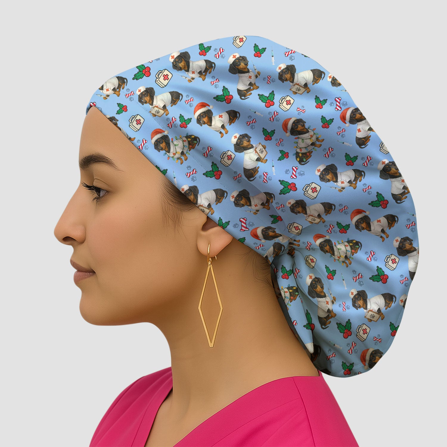 Custom Christmas Nurse Scrub Cap - Dachshund Dog Surgical Hat Multi Color - Funny Holiday Bouffant Cap for Women Nurses