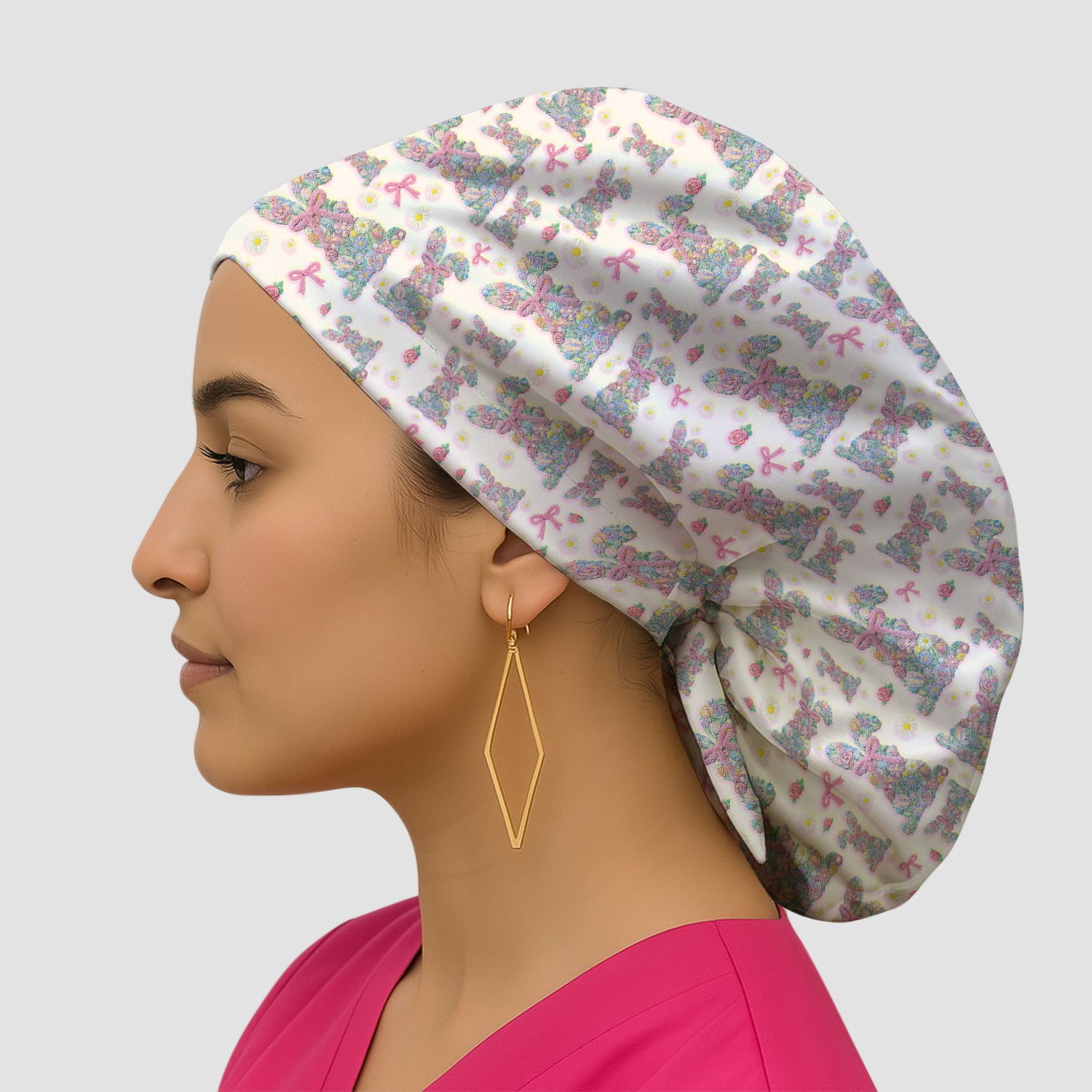 Colorful Floral Bunny with Pink Bow Pattern Scrub Cap, Breathable Fabrics Caps Uniform