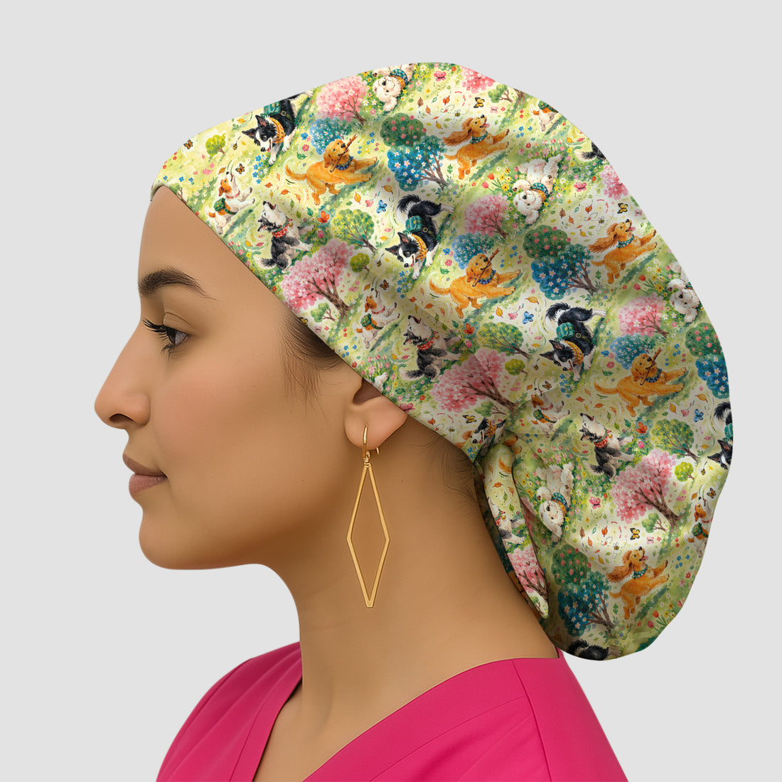 Playful Spring Garden Dogs Pattern Scrub Cap, Surgical Caps for Doctors
