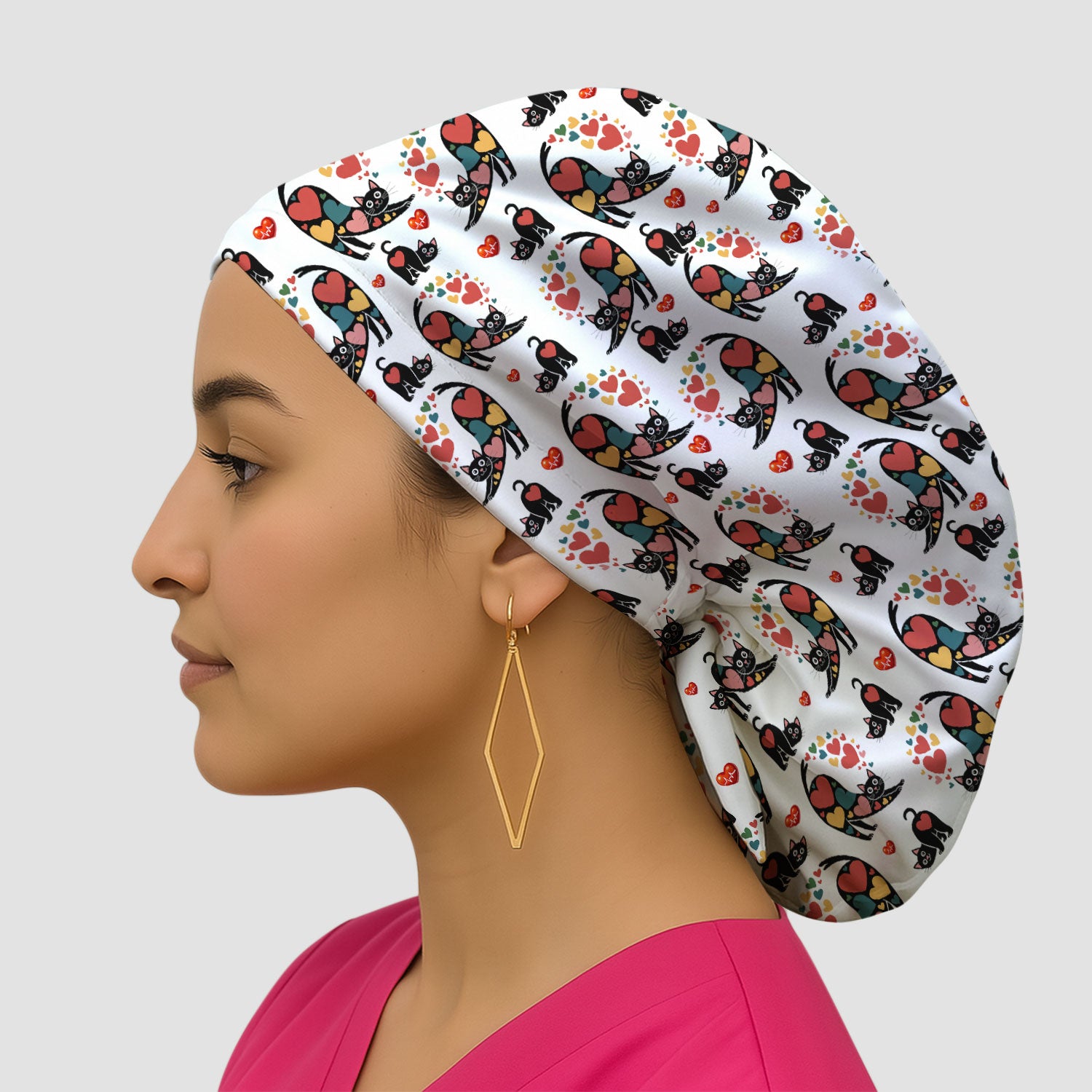 Playful Cat Valentine Heart Print Nurse Scrub Cap, Bouffant Scrub Caps for Women