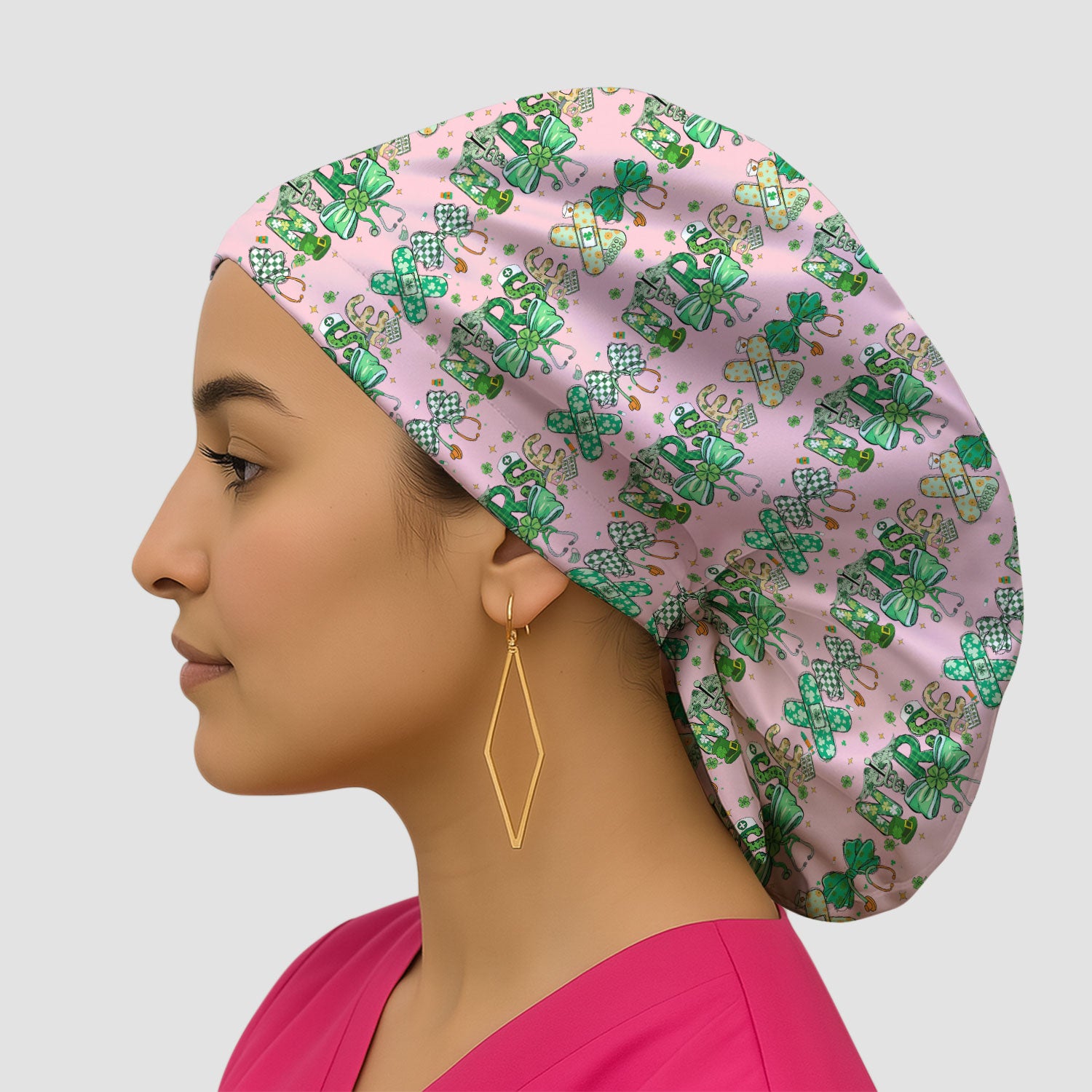 St. Patrick’s Nurse Scrub Cap, Lucky Clover And Green Bow Pattern Nurse Hat, Breathable Fabrics Nursing Uniform