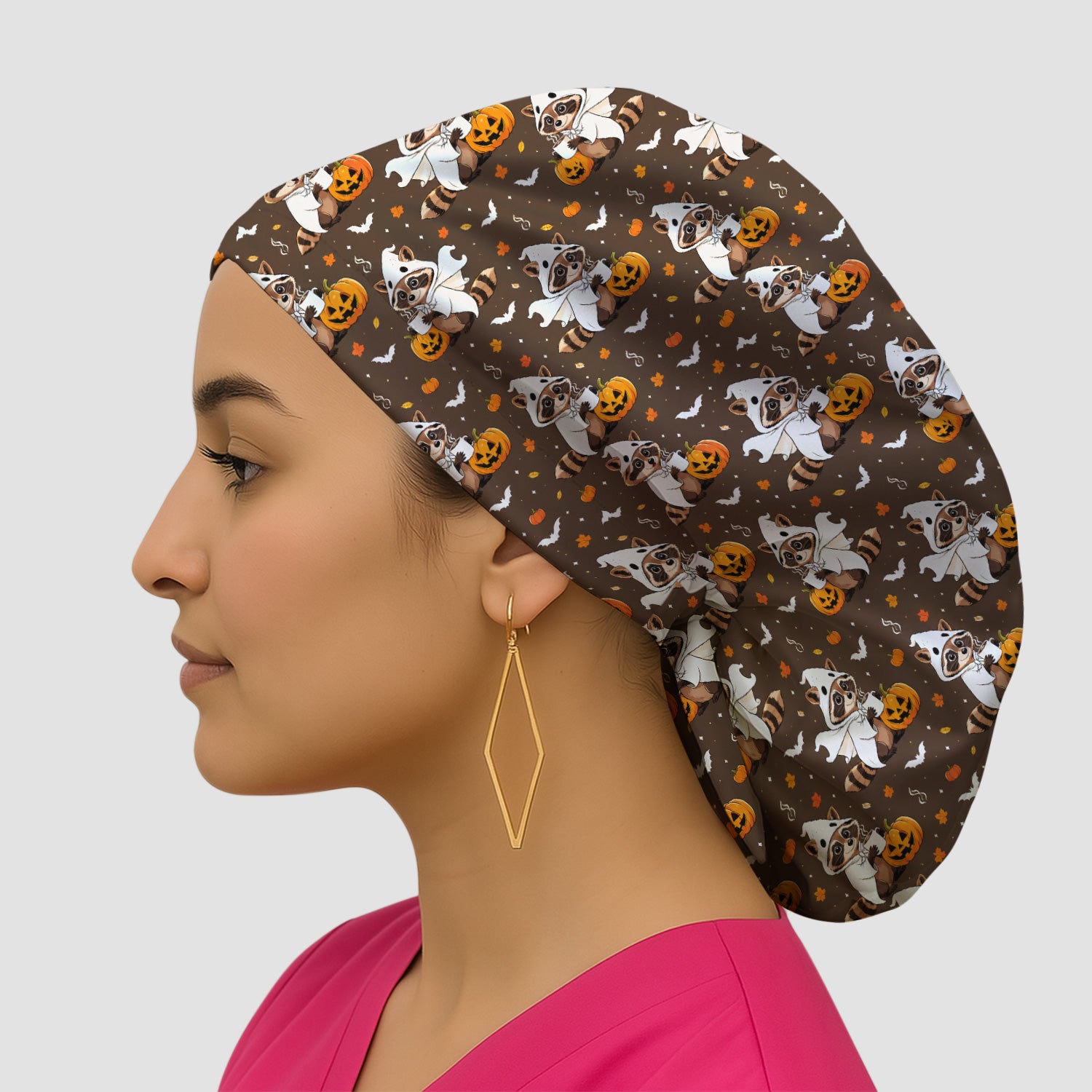 Halloween Ghost Raccoon Pumpkin Scrub Cap, Surgical Caps for Doctors
