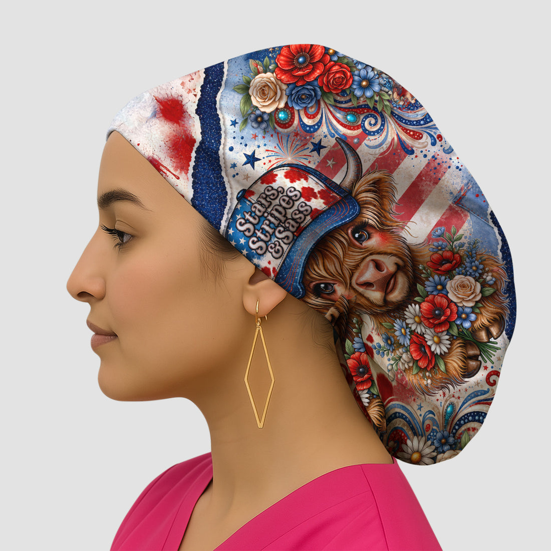 Patriotic Highland Cow Nurse Pattern, Healthcare Workers Scrub Cap, Surgical Caps for Doctors
