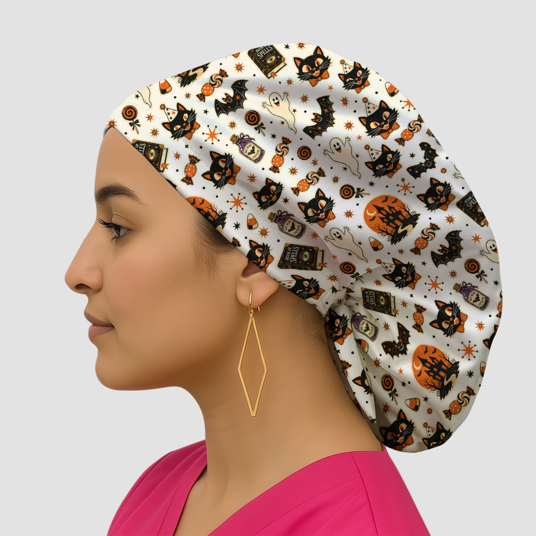 Halloween Black Cat with Ghost Candy Print Scrub Cap, Surgical Caps for Doctors
