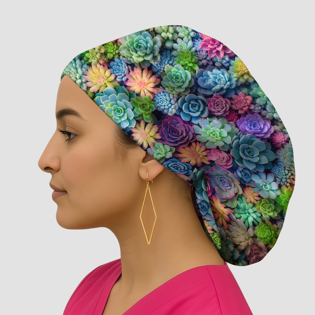 Cute Nurse Scrub Top Boho Succulent Flower Pattern Scrub Cap, Surgical Caps for Doctors