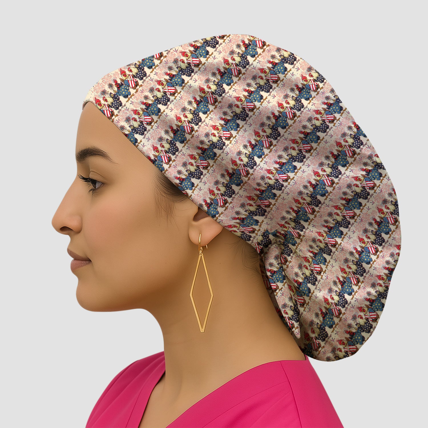 Patriotic Rooster Fireworks Pattern Cap, Bouffant Scrub Caps for Women