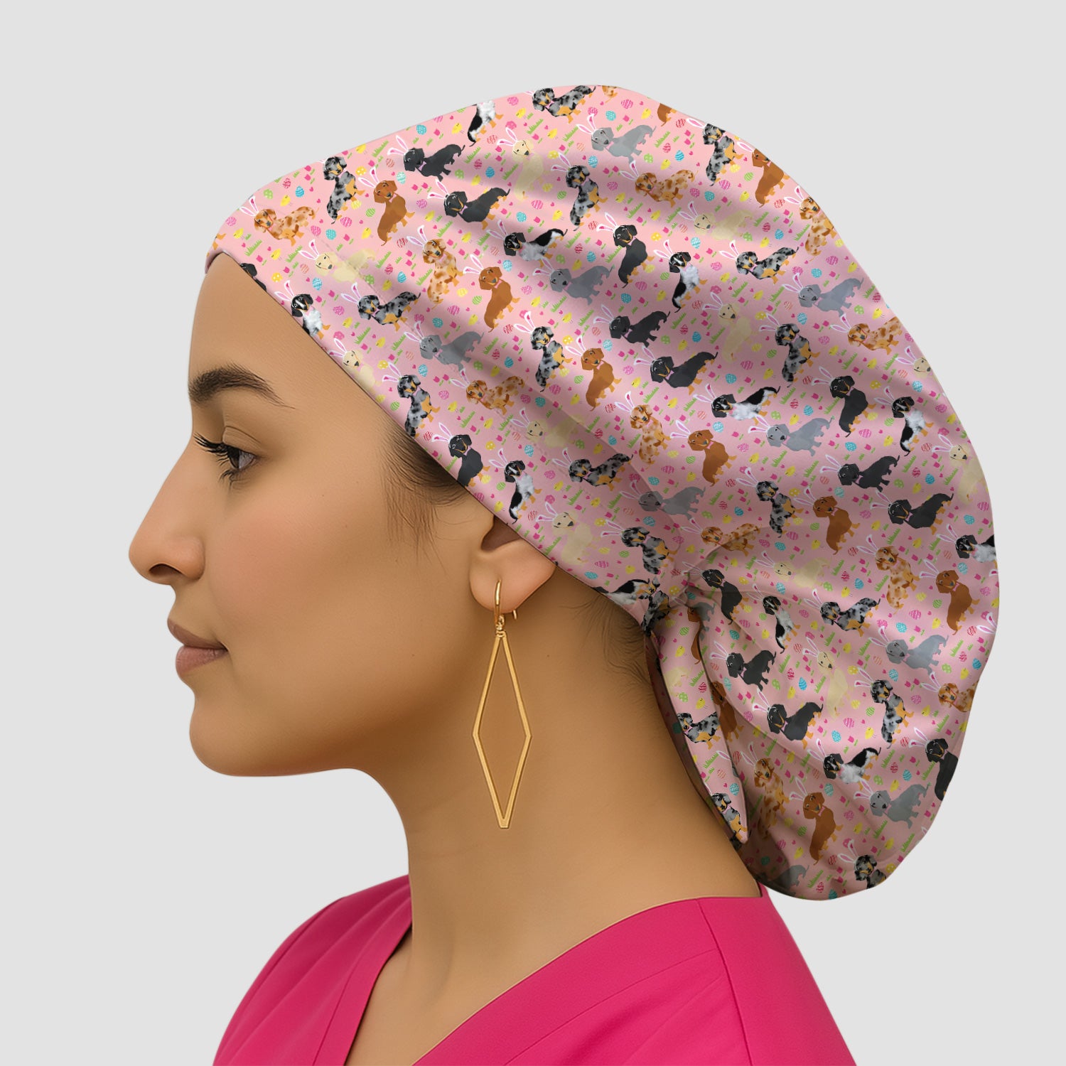 Easter Dachshund Dog Pattern Print Cap, Bouffant Scrub Caps for Women