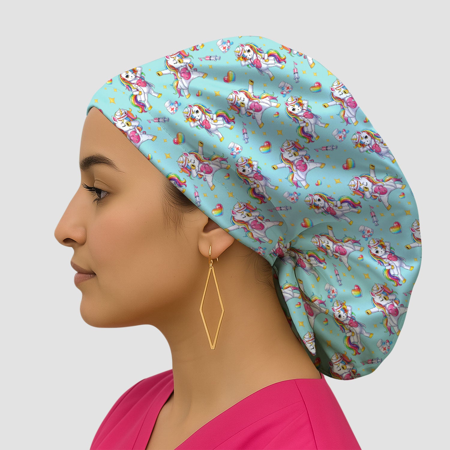 Playful Nurse Unicorn Rainbow Pattern Cap, Bouffant Scrub Caps for Women