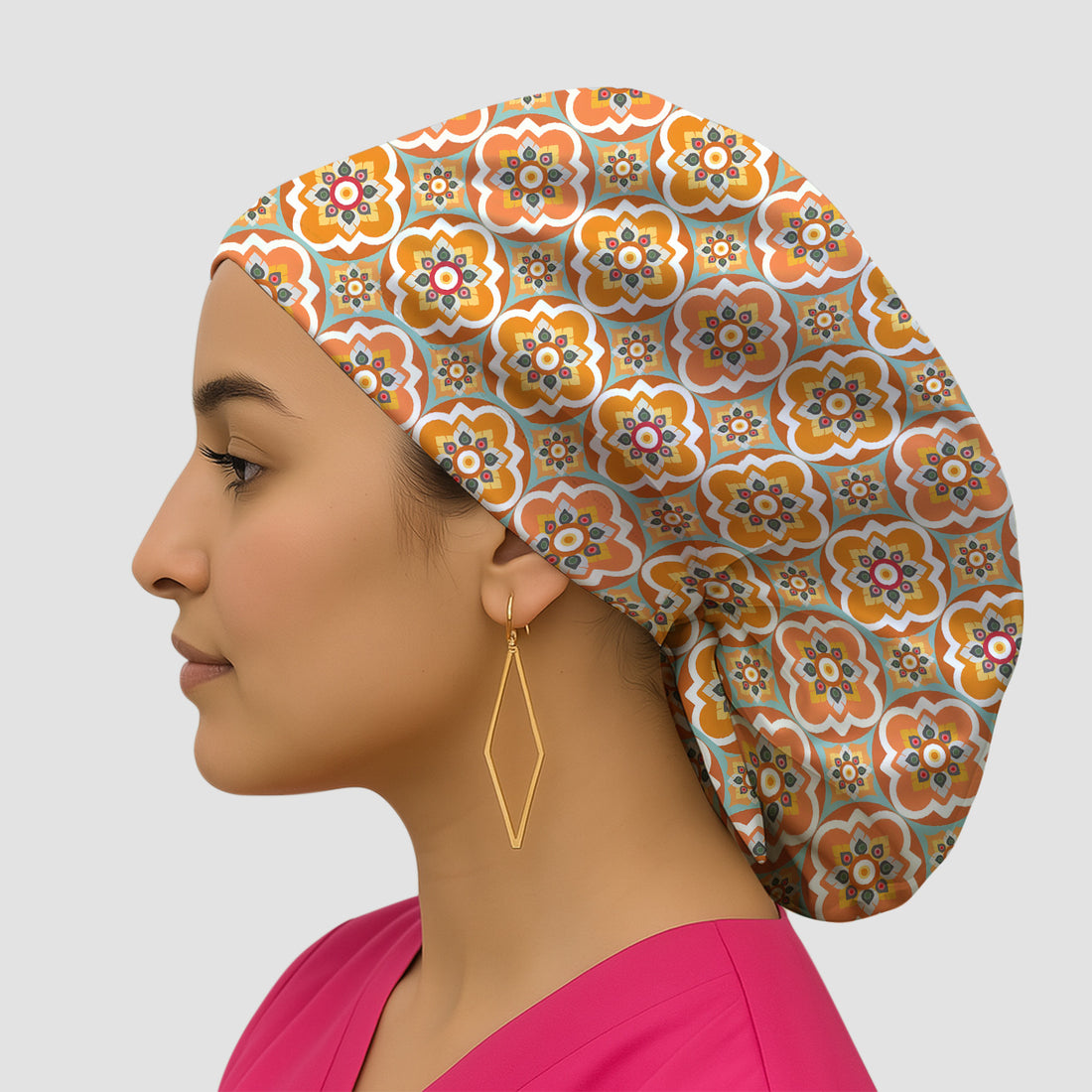 Orange Retro Geometric Floral Pattern Scrub Cap, Breathable Fabrics Caps Uniform