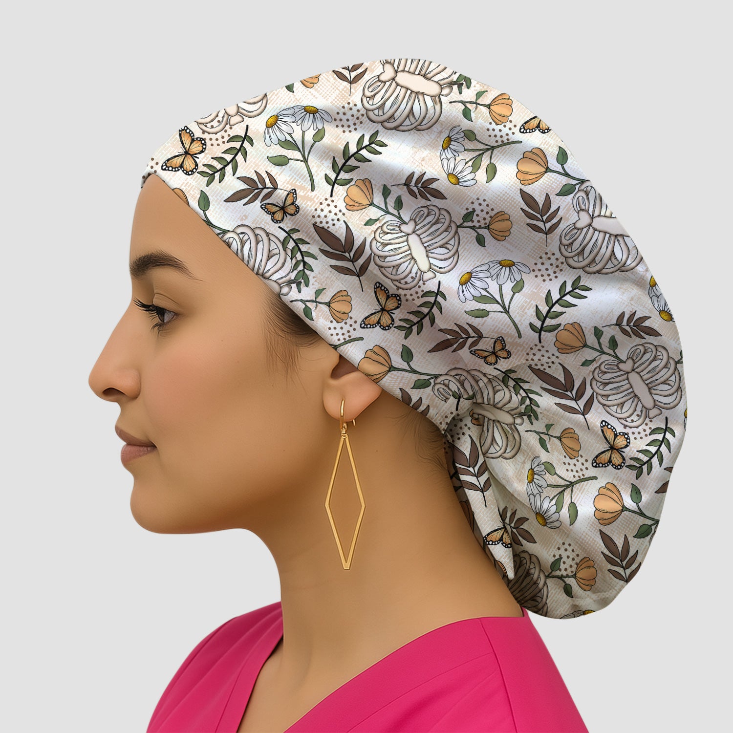 Skeleton Ribcage With Daisy And Butterfly Floral Scrub Cap, Surgical Caps for Doctors