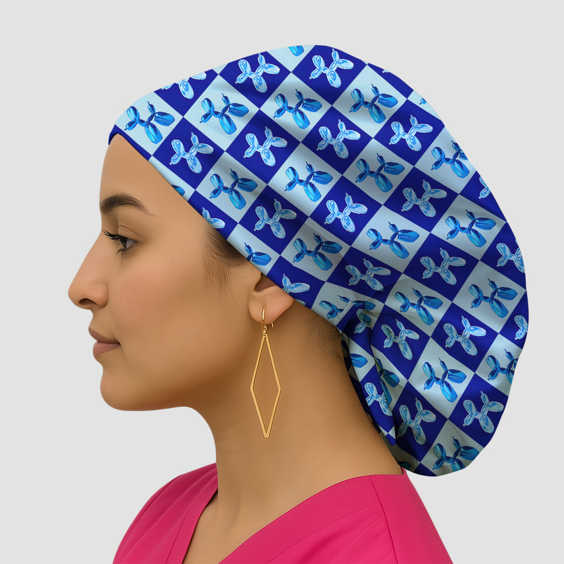 Cute Blue Balloon Dog Checkered Pattern Scrub Cap, Breathable Fabrics Caps Uniform