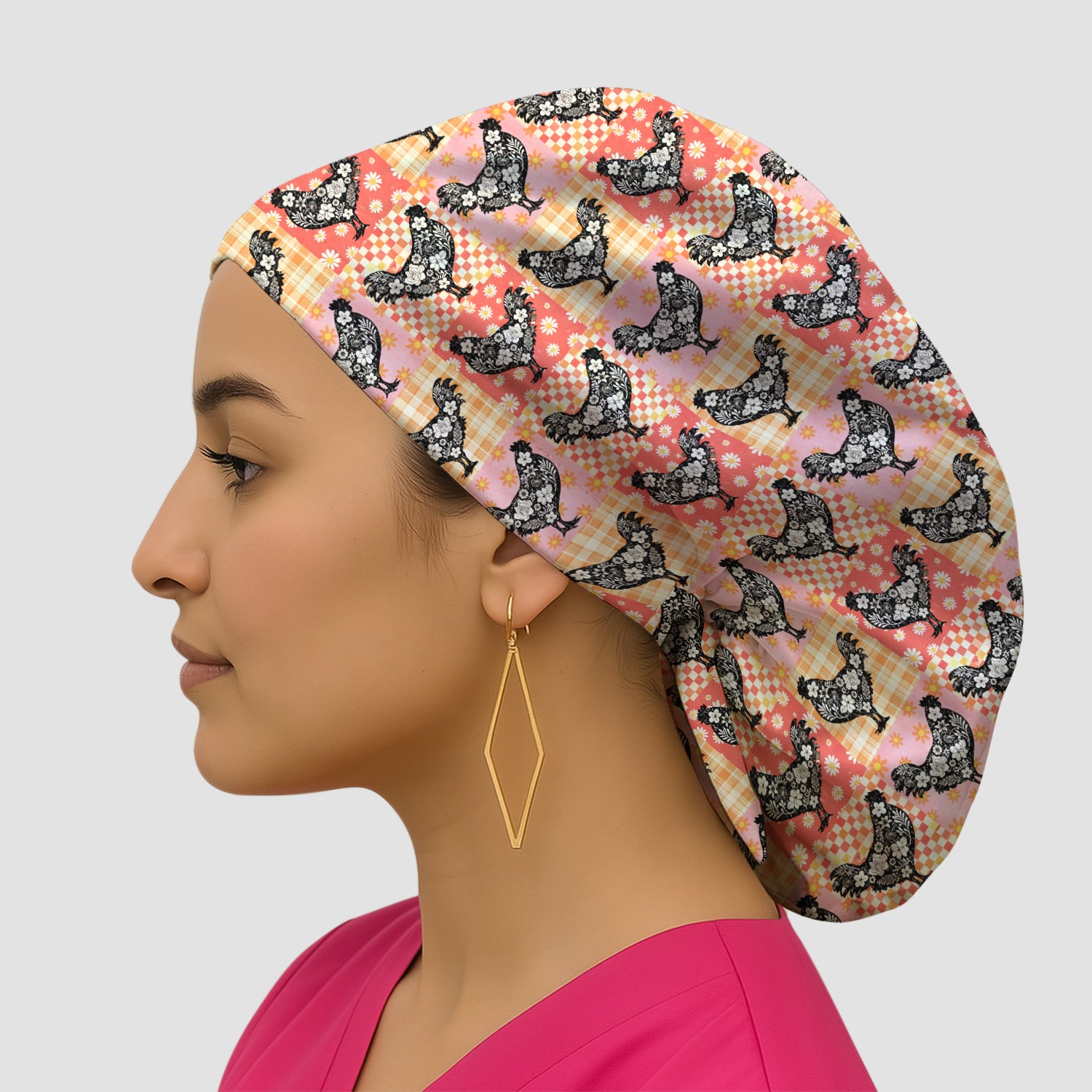 Cute Floral Chicken Patchwork Print Scrub Cap, Breathable Fabrics Caps Uniform