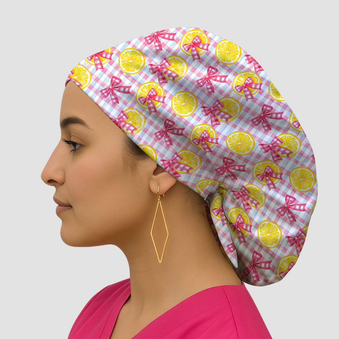 Cute Lemon Slice Pink Bow Gingham Pattern Nurse Scrub Cap, Surgical Caps for Doctors
