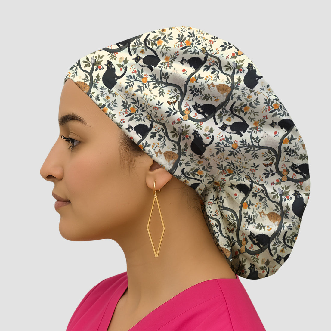 Vintage Black Cat Floral Pattern Scrub Cap, Surgical Caps for Doctors